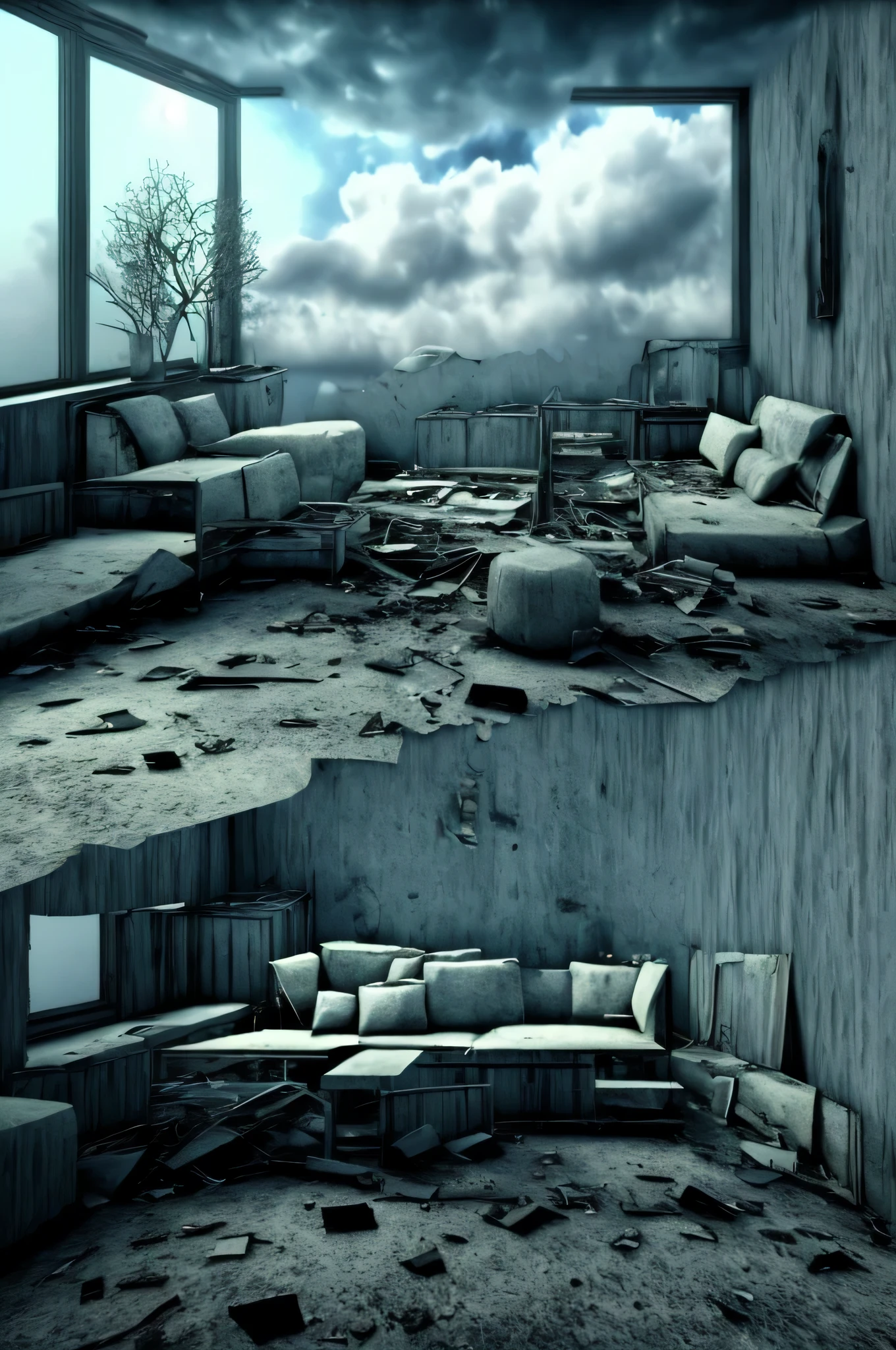 a happy head is in the apartment seated in the sofa looking around to the abandoned place with the sky and clouds penetrating inside the apartment, beautiful surreal background with objects from former times glued to the walls and floating embbeded in the image, Super-detailed, Ultra-realistic, Studio Quality, 48k / HD, High Contrast, hyper Realistic Shadows, octane Rendering, Sharp Focus