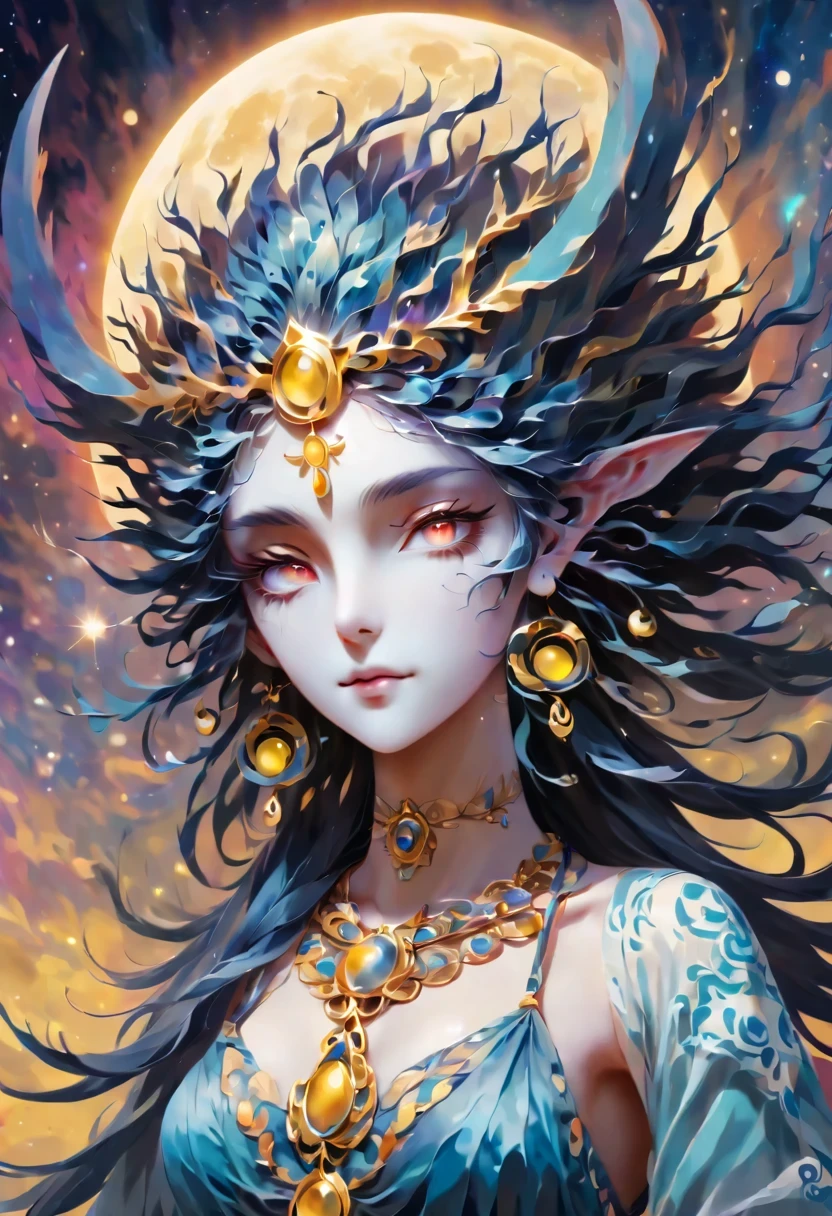 (((portrait)))、（best quality，super detailed，Best Best Illustration，best shadow，masterpiece，high resolution，Professional artwork，famous artwork），细致的Eye，美丽的Eye，Close-up cleavage，Science fiction，Colored sclera，Eye，facial markings，tattooed，（Fractal，Fractal eyes），大Eye，大Eye，（Eye焦点），surface focus，cosmic eye，Close up of metal sculpture of woman with moon in hair，welcome。extremely high detail，welcomes portrait，Highly detailed footage of the welcomes，a stunning portrait of a welcomes，Side image of the welcomes，portrait of a beautiful welcomes，(Full body close-up of welcomes)，goddess hecate，portrait of a norse moon welcomes，welcomes of space and time、((​masterpiece、top quality、Ultra-clear、high resolution))、4K quality、