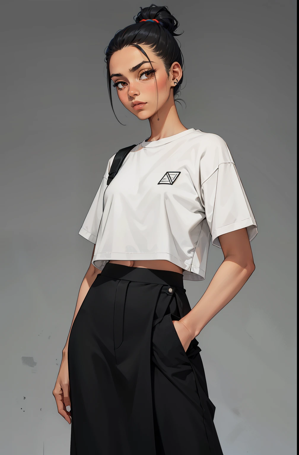 topknot, mascara, Lips are soft or colored, fundo preto simples, minimalismo, monotone, paletas de cores vivas, limpo, Crisp drawings, silhuetas fluidas, Streetwear skirts and pants, Asymmetric, geometric, Simple and minimalist accessories, Designs diferentes, silhuetas simples, estilo de rua, streetwear, fundo liso, simple lighting, moda streetwear, Folha de modelo