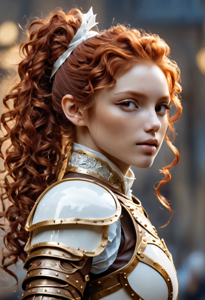 (8k, original photo, best quality, masterpiece:1.2), (actual, photo-actual:1.4), (Very detailed CG unified 8k wallpaper), a complete body (rogue:1.1) woman wearing gold jewelry (leather armor:1.3), Sew worn armor, (Very detailed:1.5), gold and (white:1.5), Concept art portrait of Greg Rutkoski, artistic sprout, Super detailed gothic art trends on Artstation, Dreamy, intricate details, (Blue dot:1), (redhead, curls, high ponytail: 1.4)