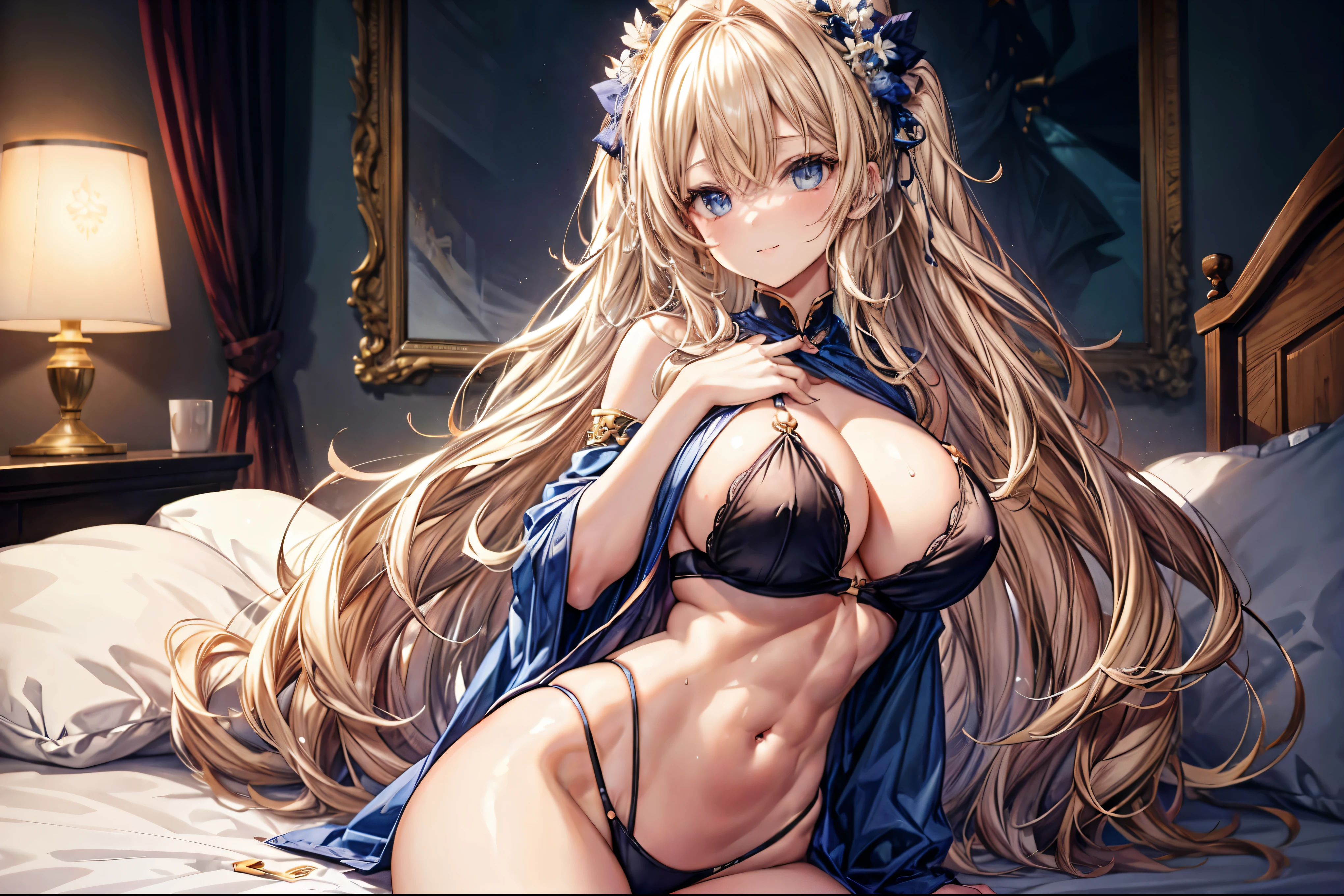 sensual, ((long blonde curly hair)), thick thighs, 8k, 4k, highest quality, High resolution:1.2), cute anime face, noise reduction, ((shining blue eyes, gentle smile, kind eyes))、toned abdominal muscles, muscular arms, muscular legs, young face, anime eyes, (((big breasts、A chest that is about to burst)))、(((whole body)))、wearing a thong、please lie down on the bed、wall don