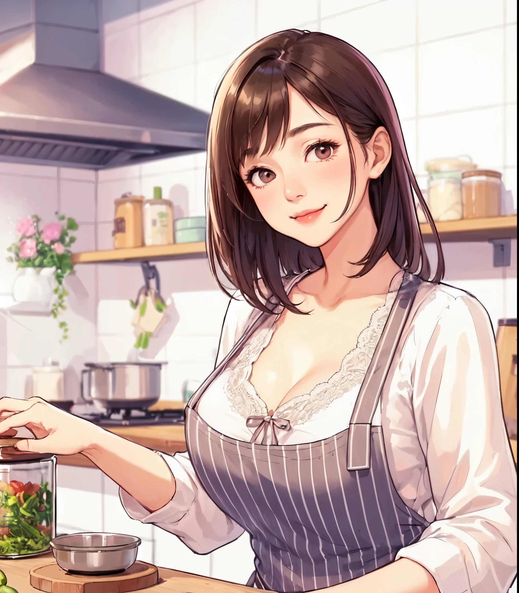 1lady standing, /(preparing delicious meal/), (stylish outfit) apron, mature female, /(dark brown hair/) bangs, blush kind smile, (masterpiece best quality:1.2) delicate illustration ultra-detailed, large breasts BREAK (home kitchen) indoors, fresh vegetables, detailed background