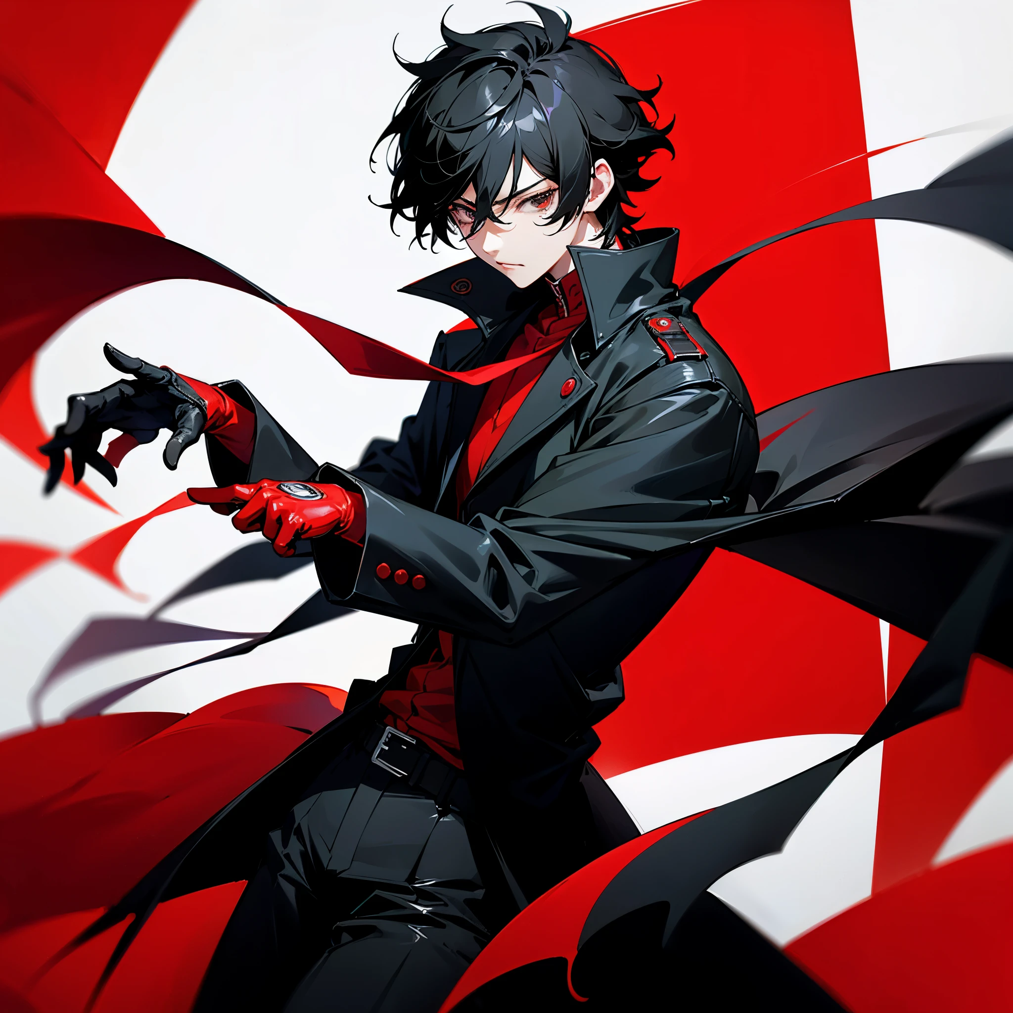 Ren Amamiya, black coat, black pants, black shirt, red gloves, cowboy shot