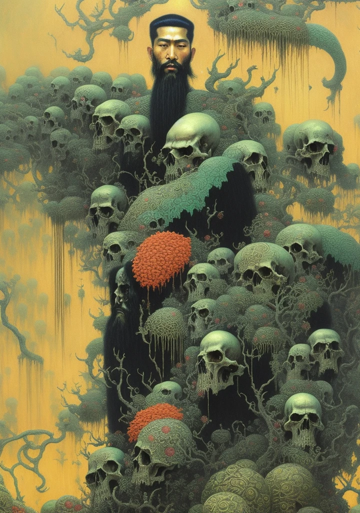 A painting of a bearded oriental man surrounded by skulls, emerald gold and beksinski, silent beksinski, high detail，highly detailed beksinski art, Zdzislaw Beksinski风格, Bekzinski, Philippe Drouyer, Complicated，zdzislaw beksinski