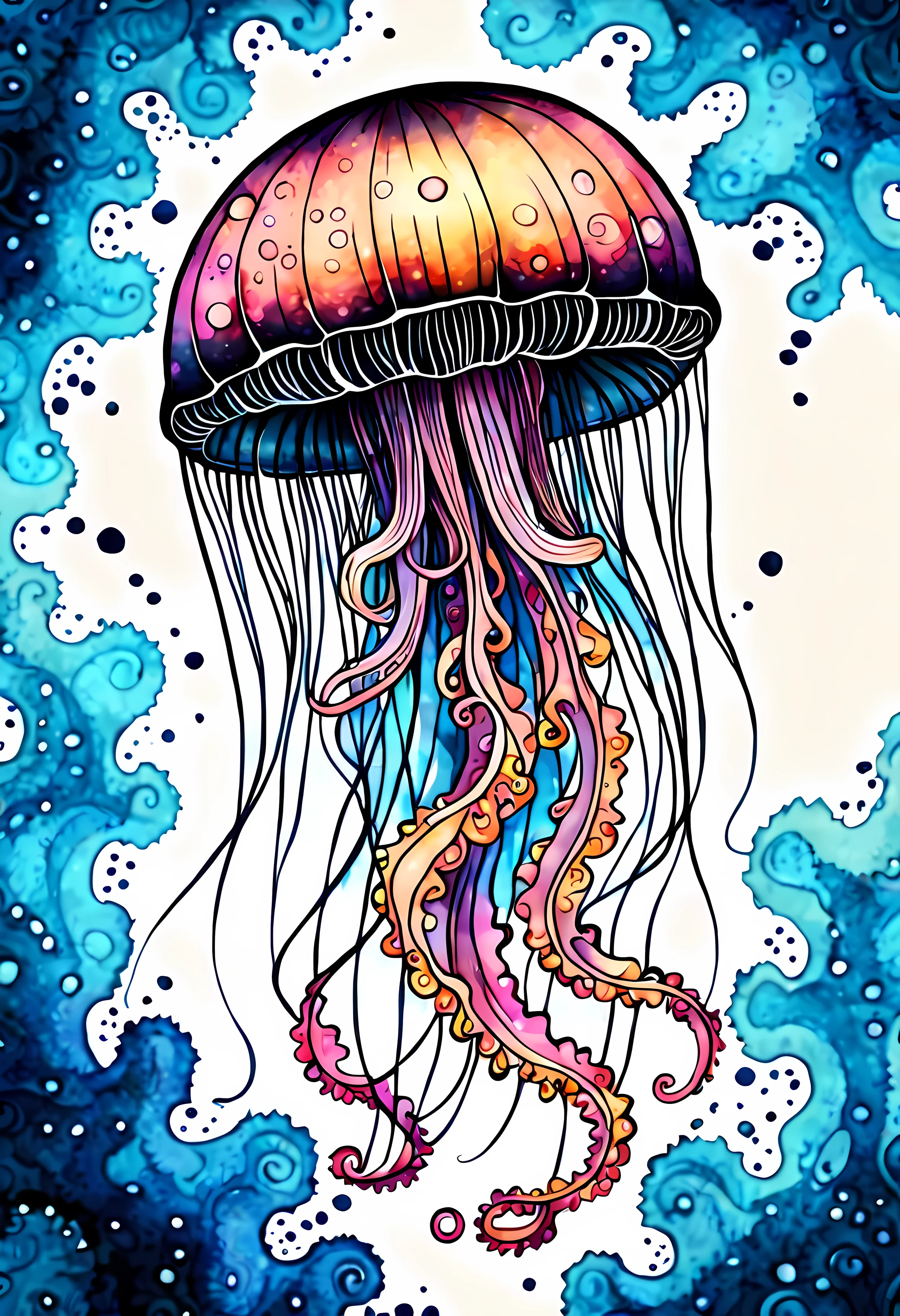 (2D colorful anime style of a silver coin), full shot from above, (majestic glowing jellyfish:1.3), on an elegant golden coin, marine details, (((ice rime)))
