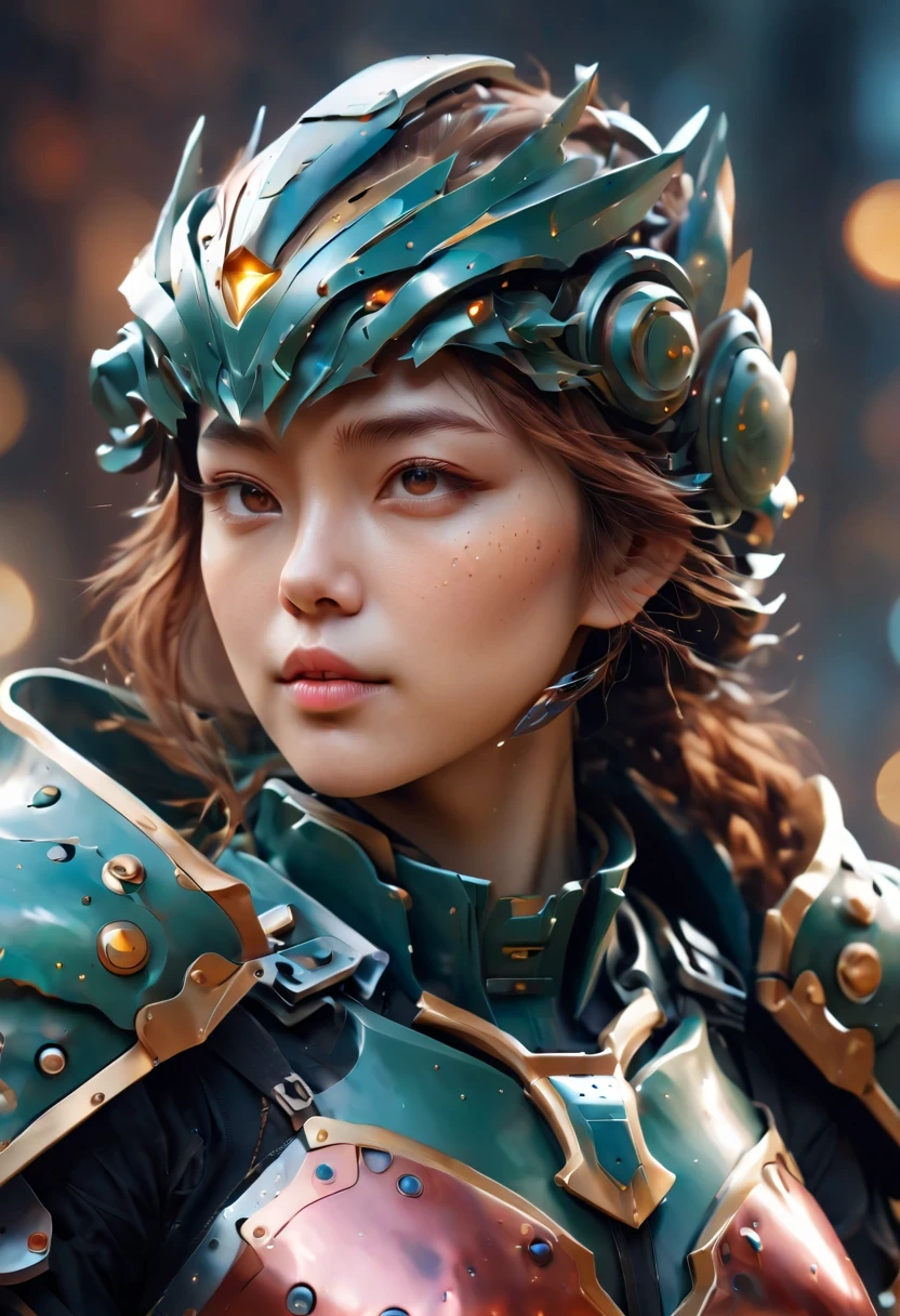 Close-up of woman wearing armor, medium close-up ( Microcontrollers ), 8k artistic sprout bokeh, Wojtek FUS, most models | artistic sprout, Rostland 8K, by ruan jia and stanley artistic sprout, Jason Chen, Work. author:Leng Jun, author:Yang Jie, yanjun chengt
