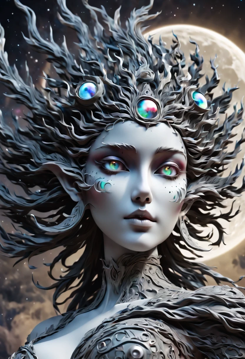 (((portrait)))、（best quality，super detailed，Best Best Illustration，best shadow，masterpiece，high resolution，Professional artwork，famous artwork），细致的Eye，美丽的Eye，Close-up cleavage，Science fiction，Colored sclera，Eye，facial markings，tattooed，（Fractal，Fractal eyes），大Eye，大Eye，（Eye焦点），surface focus，cosmic eye，Close up of metal sculpture of woman with moon in hair，welcome。extremely high detail，welcomes portrait，Highly detailed footage of the welcomes，a stunning portrait of a welcomes，Side image of the welcomes，portrait of a beautiful welcomes，(Full body close-up of welcomes)，goddess hecate，portrait of a norse moon welcomes，welcomes of space and time、((​masterpiece、top quality、Ultra-clear、high resolution))、4K quality、