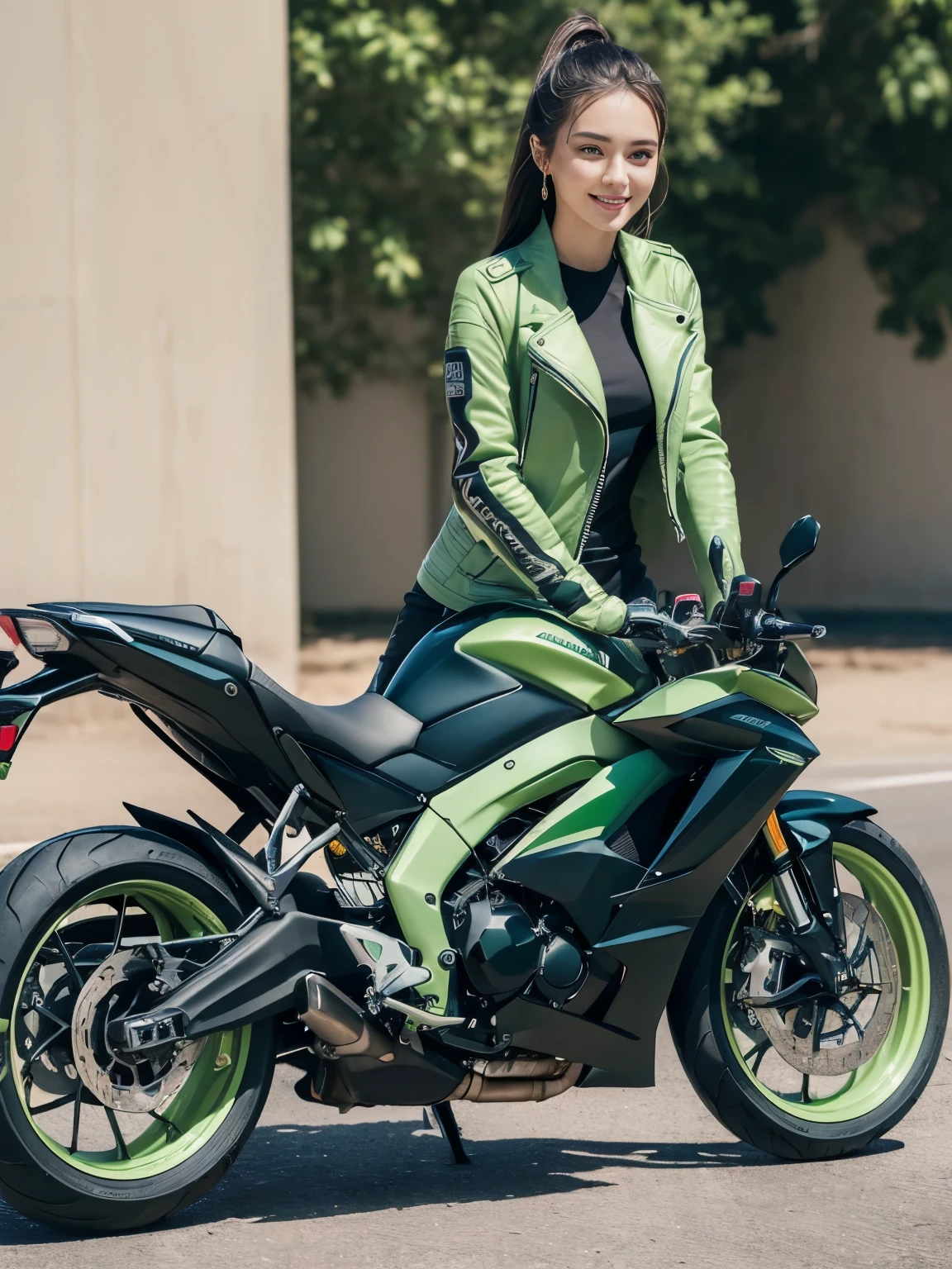 ((highest quality, 8k, masterpiece: 1.3)), sharp: 1.2, perfect body beauty: 1.4,(((Woman on motorcycle))),slender body,((Light green long sleeve motorcycle jacket and black long pants)),Highly detailed face and skin texture,((full body shot)),Natural light,smile、rider boots、long legs