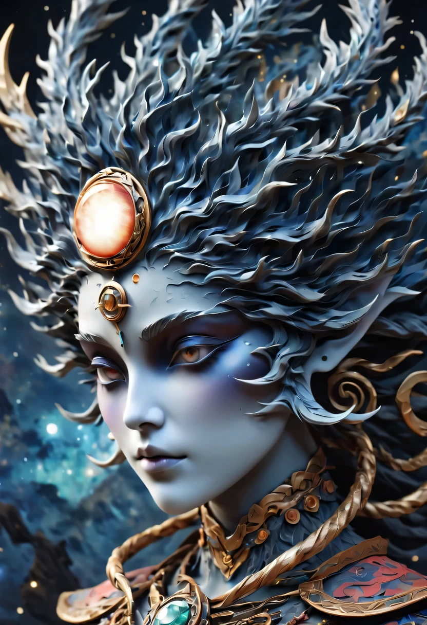 (((portrait)))、(best quality,super detailed,Best Best Illustration,best shadow,masterpiece,high resolution,Professional artwork,famous artwork),细致的Eye,美丽的Eye,Close-up cleavage,Science fiction,Colored sclera,Eye,facial markings,tattooed,(Fractal,Fractal eyes),大Eye,大Eye,(Eye焦点),surface focus,cosmic eye,Close up of metal sculpture of woman with moon in hair,welcome。extremely high detail,welcomes portrait,Highly detailed footage of the welcomes,a stunning portrait of a welcomes,Side image of the welcomes,portrait of a beautiful welcomes,(Full body close-up of welcomes),goddess hecate,portrait of a norse moon welcomes,welcomes of space and time、((masterpiece、top quality、Ultra-clear、high resolution))、4K quality、