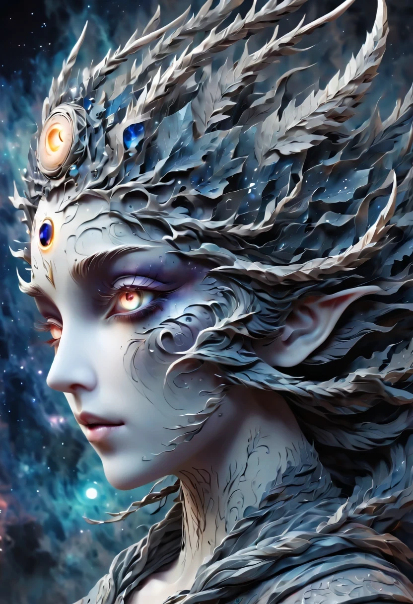 (((portrait)))、(best quality,super detailed,Best Best Illustration,best shadow,masterpiece,high resolution,Professional artwork,famous artwork),细致的Eye,美丽的Eye,Close-up cleavage,Science fiction,Colored sclera,Eye,facial markings,tattooed,(Fractal,Fractal eyes),大Eye,大Eye,(Eye焦点),surface focus,cosmic eye,Close up of metal sculpture of woman with moon in hair,welcome。extremely high detail,welcomes portrait,Highly detailed footage of the welcomes,a stunning portrait of a welcomes,Side image of the welcomes,portrait of a beautiful welcomes,(Full body close-up of welcomes),goddess hecate,portrait of a norse moon welcomes,welcomes of space and time、((masterpiece、top quality、Ultra-clear、high resolution))、4K quality、