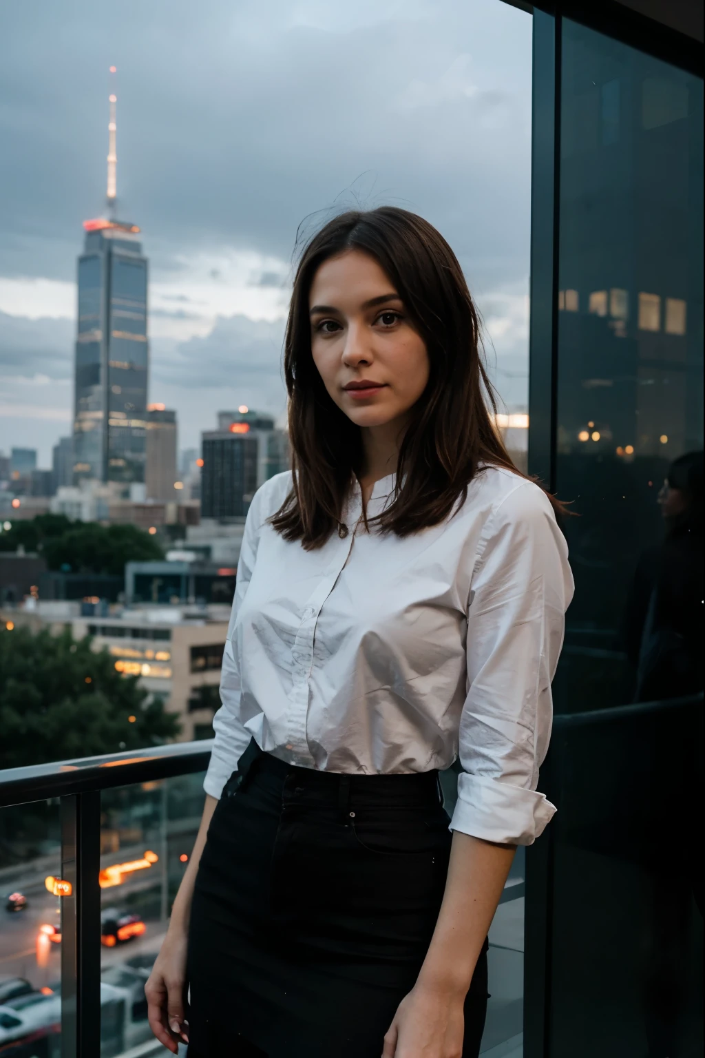 A portrait of a Burnette woman standing Amidst towering skyscrapers and city lights
