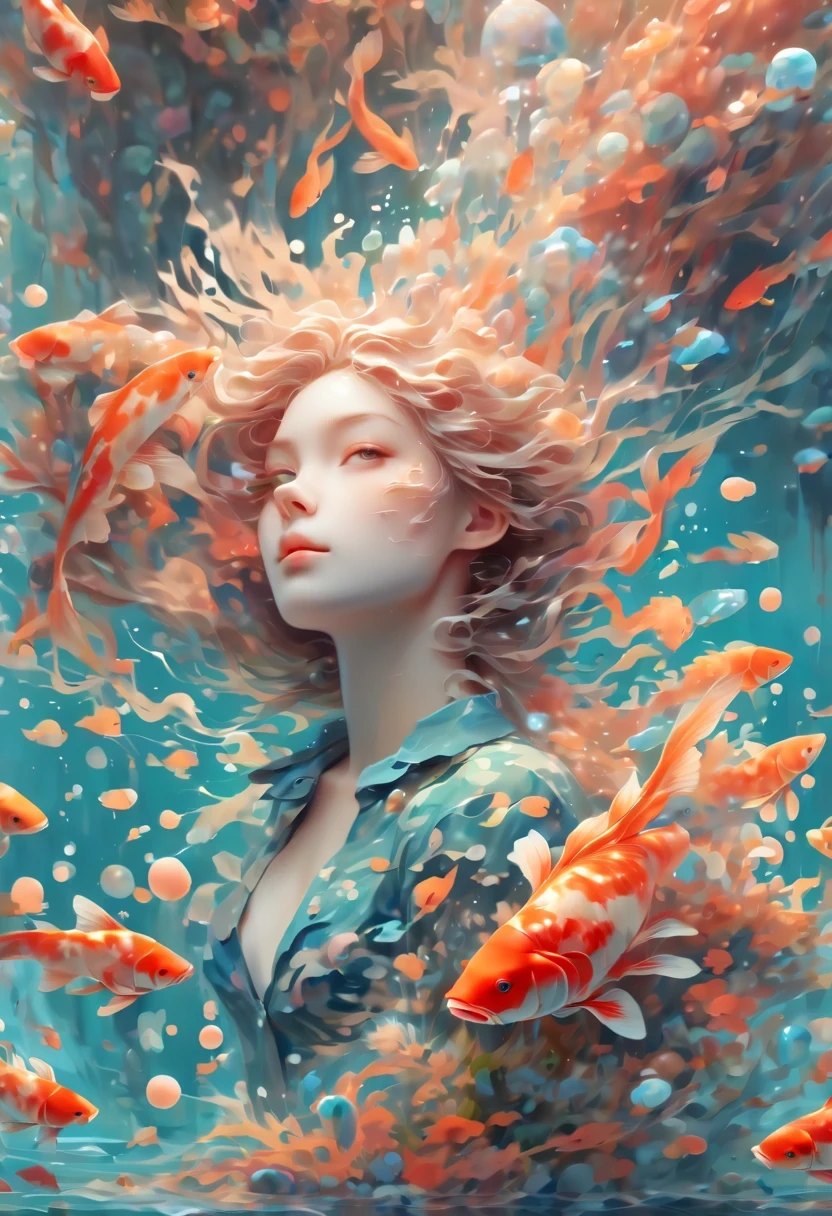 Model shooting style, (Extremely detailed CG unified 8k wallpaper), A chaotic storm of complex liquid smoke rises overhead, Stylized abstract portrait of beautiful girl, hydrated skin,Require,beautiful koi,Groups of koi carp,carp,Strangely shaped coral,seabed,Beautiful coral reef in the background,rock,marine life,author:Petros Afshar, Ross Tran, Tom Whalen, Peter Moore, artistic sprout, broken glass, ((Bubble-filled underwater scenery)) Radiant Octane renders with incredible detail