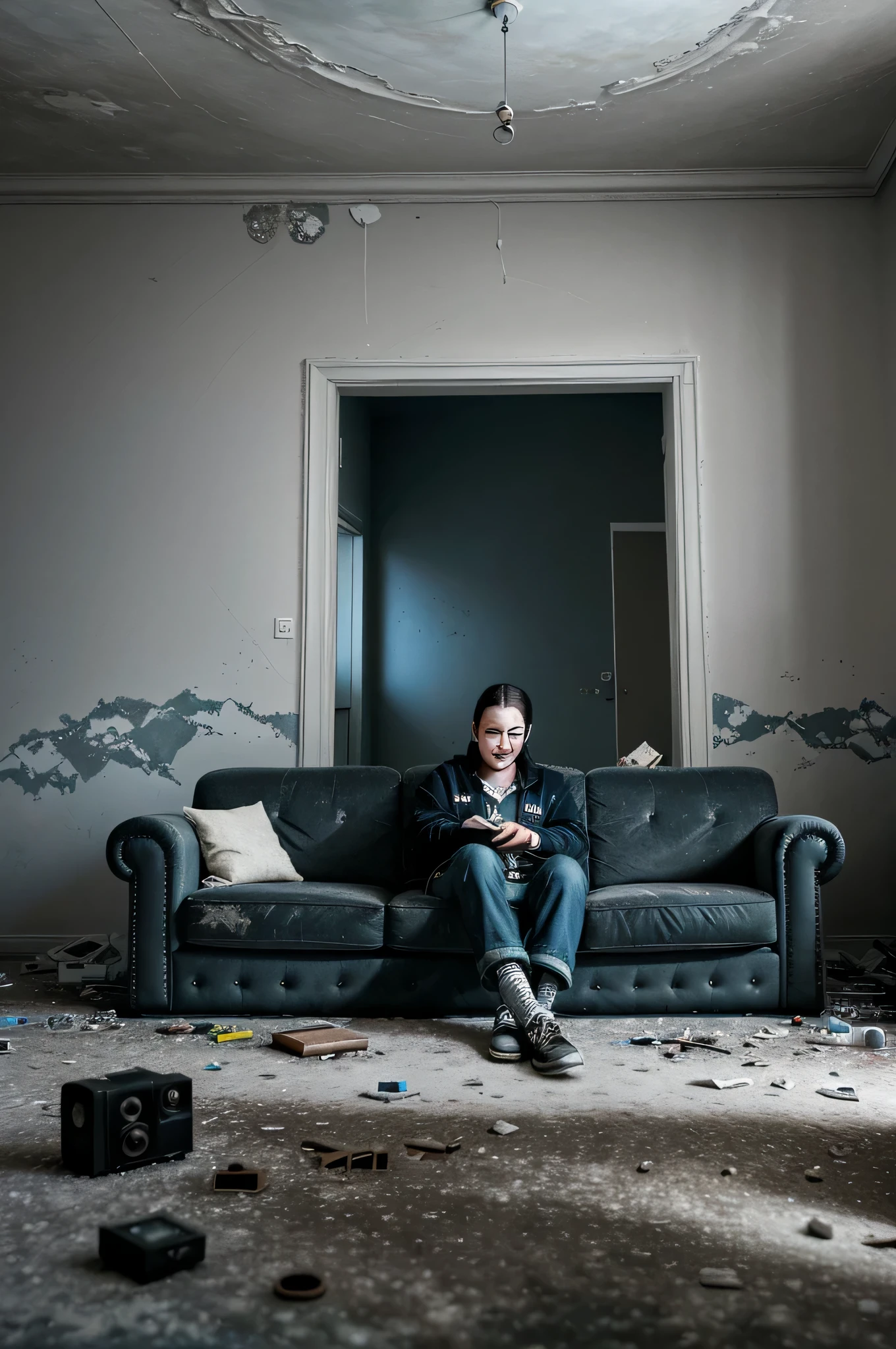 a happy head is in the apartment seated in the sofa looking around to the abandoned place with the sky and clouds penetrating inside the apartment, beautiful surreal background with objects from former times glued to the walls and floating embbeded in the image, Super-detailed, Ultra-realistic, Studio Quality, 48k / HD, High Contrast, hyper Realistic Shadows, octane Rendering, Sharp Focus