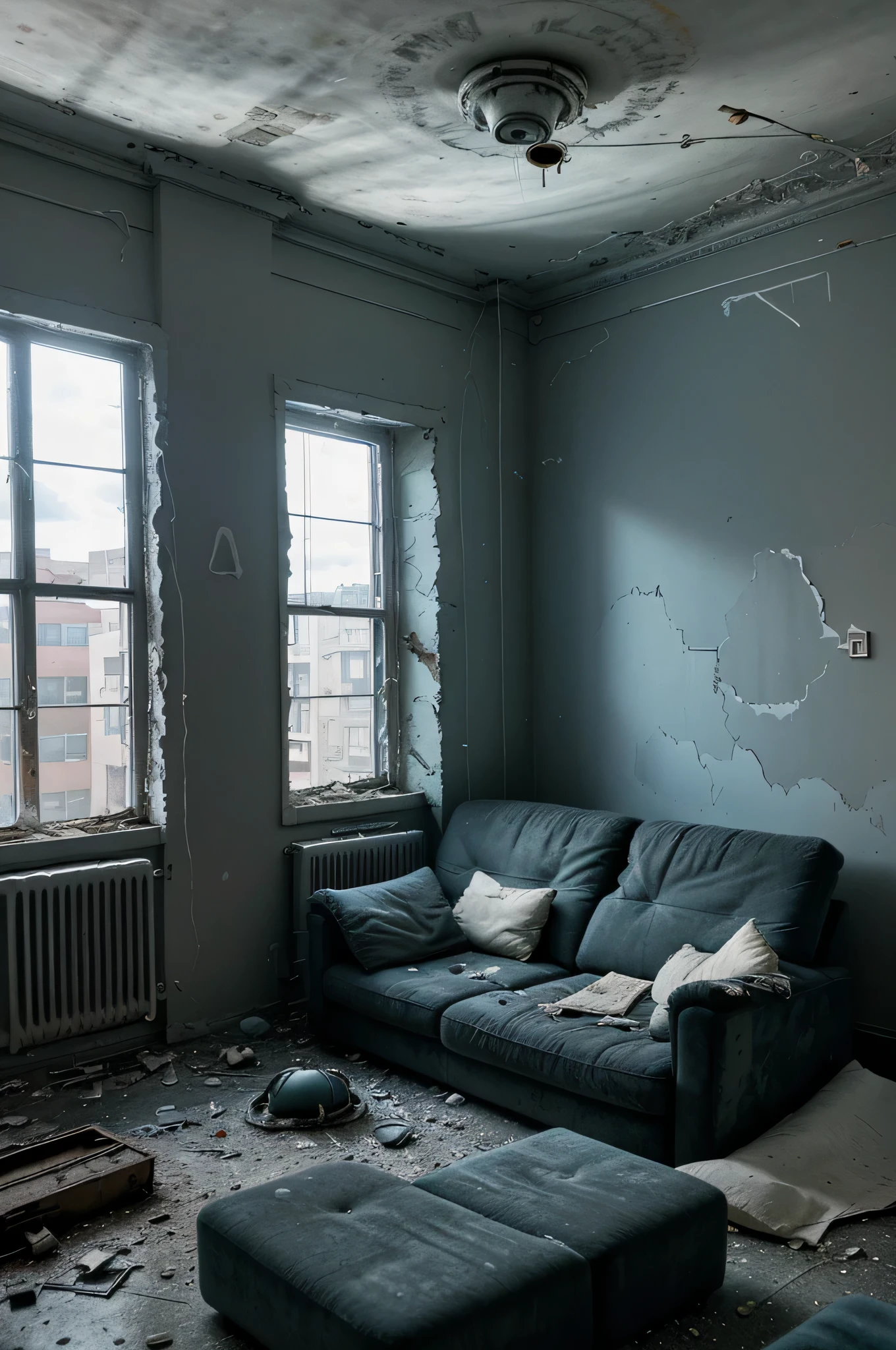 a happy head is in the apartment seated in the sofa looking around to the abandoned place with the sky and clouds penetrating inside the apartment, beautiful surreal background with objects from former times glued to the walls and floating embbeded in the image, Super-detailed, Ultra-realistic, Studio Quality, 48k / HD, High Contrast, hyper Realistic Shadows, octane Rendering, Sharp Focus