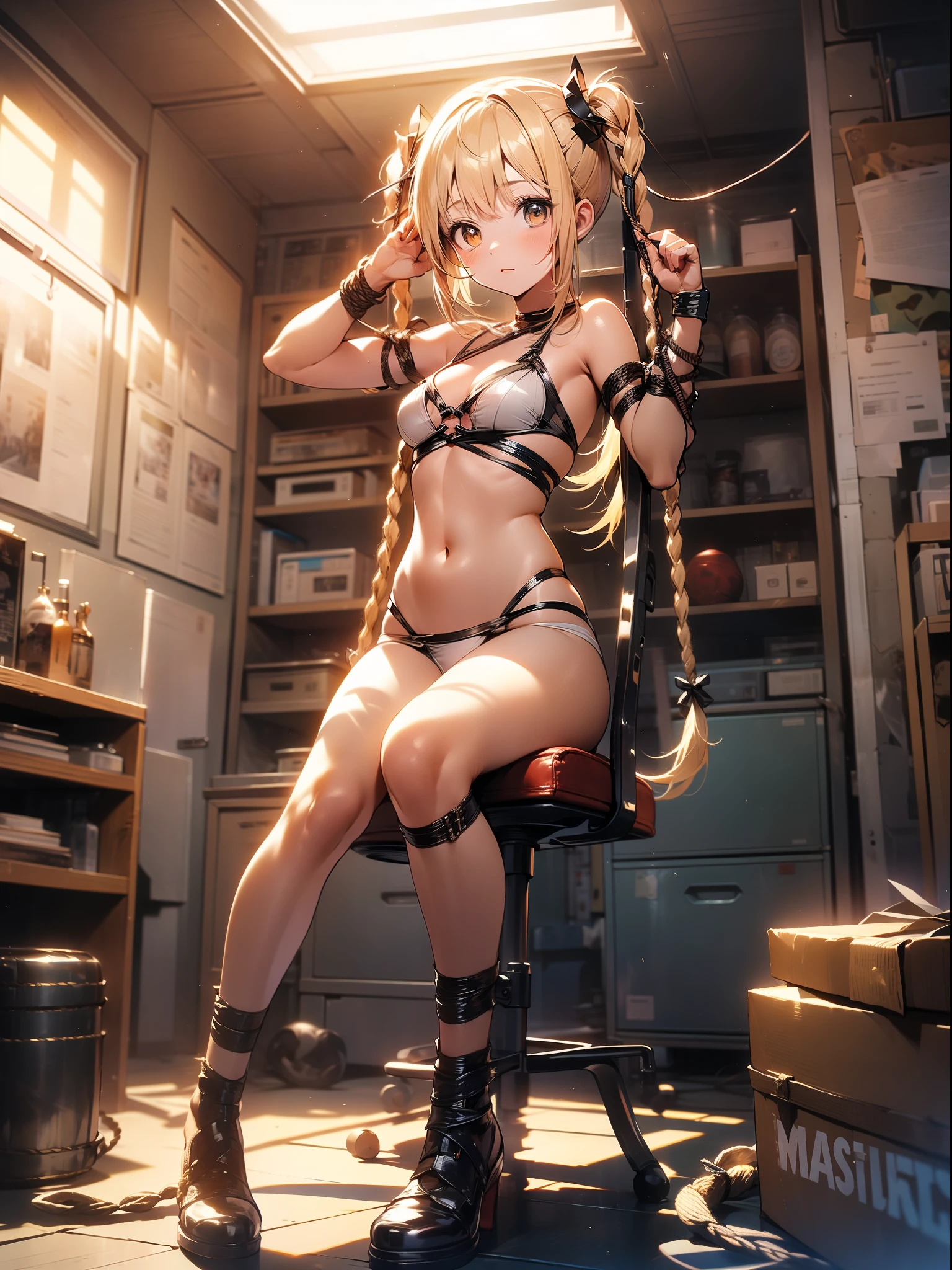 in 8K、top-quality、masterpiece、ultra-detailliert、Ultra-high resolution、((1 persons))、poneyTail、a yellow hair、Braided hair、makeups、Home、sitting down on the floor、bare-legged , the legs are open。look at the camera , perfect hands, complete anatomy), nude , naked , M-shaped legs, women opening legs , spread legs , hands up , tied to a chair in a basement, restraint, bdsm, restrained legs, restrained arms, bound, bound to chair, rope, tied with ropes, beautiful body, beautiful face, tied to chair with ropes, restrained body, unable to move, bondage ropes, tied up, machine bondage, fully restrained body, ropes everywhere, strictly tied, hardcore bondage ropes, machine bondage,