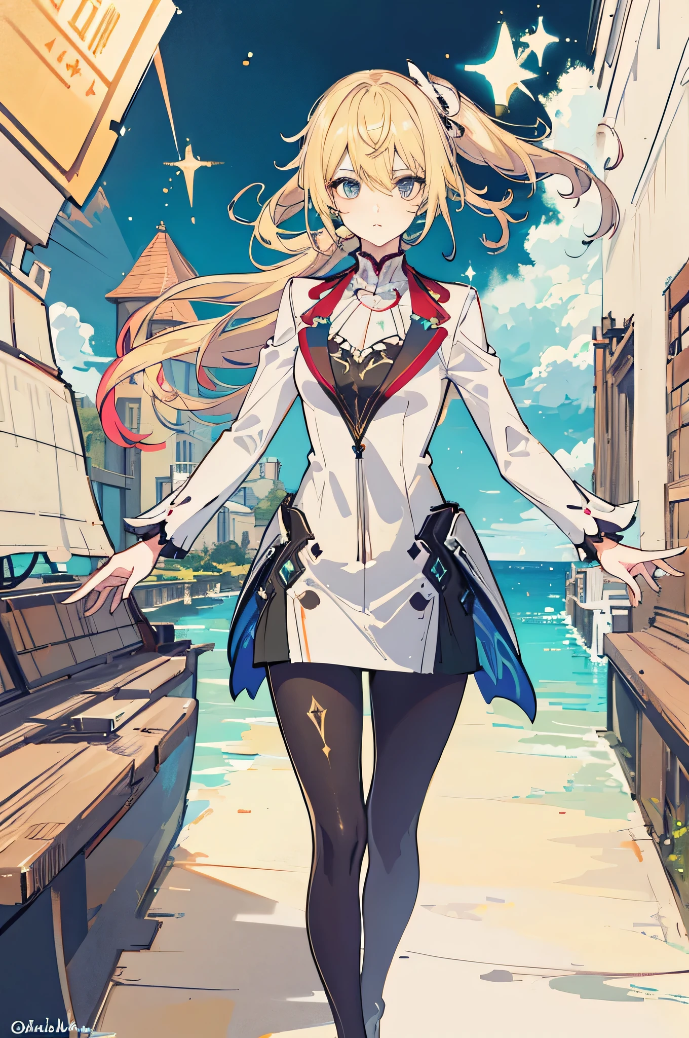 8k，best quality，masterpiece，1 girl，barbara\（genshin impact\），blonde hair color，curly double ponytail，skirt，slender body shape，summer atmosphere，Highly colored，warm