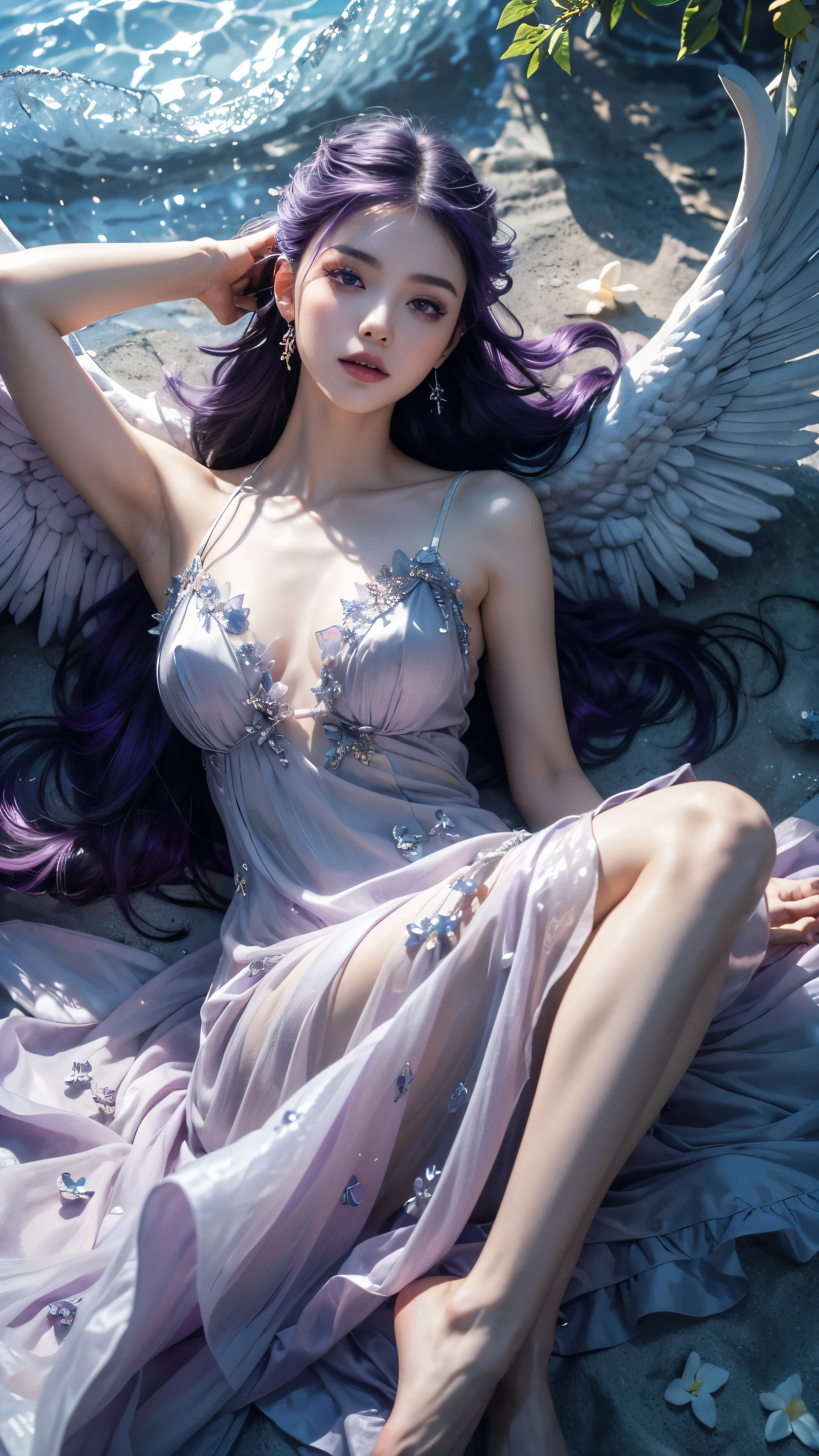 (((RAW photo , very detailed, highest quality, High resolution, alone,)))
break、(contrast:1), whole body、 Viewed from directly above, Lying in a flower garden, your back is on the floor、
break、 (((purple hair beach wave hairstyle ))), (((cosmetics))),big breasts,
break、white effect, white wings:1.2 , White Angel:1.2, ((night)) 、
break、Vampire Castle, detailed background,, moon、
break、antonio riva dress:1.1,Dress made of slightly transparent fabric:1.3、(Very difficult:1.2), high fantasy, beautiful face, pointy ears,
break,background, monochrome, grayscale, barefoot, break、outdoors、river