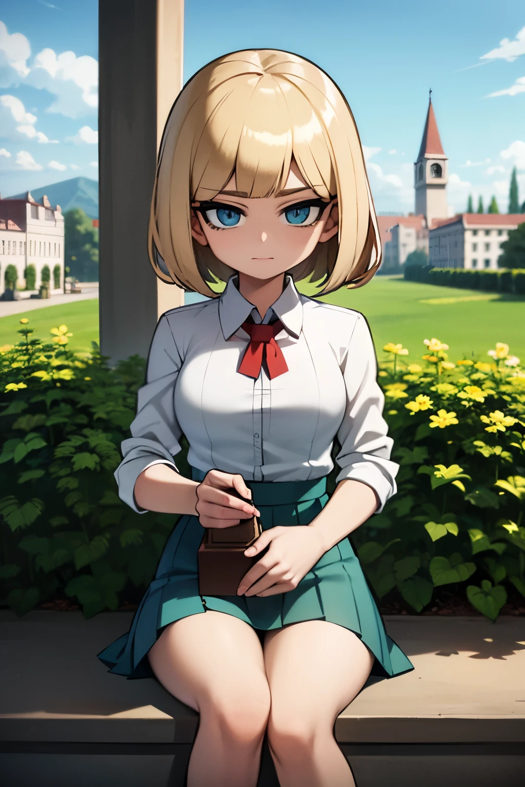 young girl, bob hair cut, blue eyes, chin-length Venetian-blonde hair, wears her green boarding school uniform, 4k, masterpiece, alyssa hamilton clock tower 3, in a garden , looking at viewer
