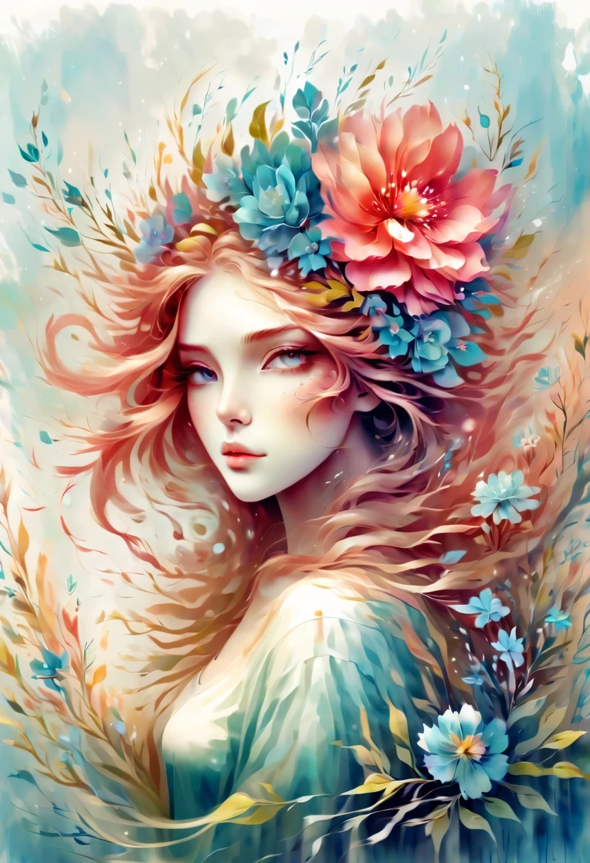 Draw a woman with long hair，There is a flower in the hair, Beautiful digital illustration, A beautiful artistic illustration, Stunning digital illustrations, beautiful digital artwork, 灵感来自Anna Dietman, Gorgeous digital art, Beautiful digital illustrations, Anna Dietman&#39;style, beautiful digital art, beautiful Gorgeous digital art, very beautiful digital art, Beautiful fantasy art portrait