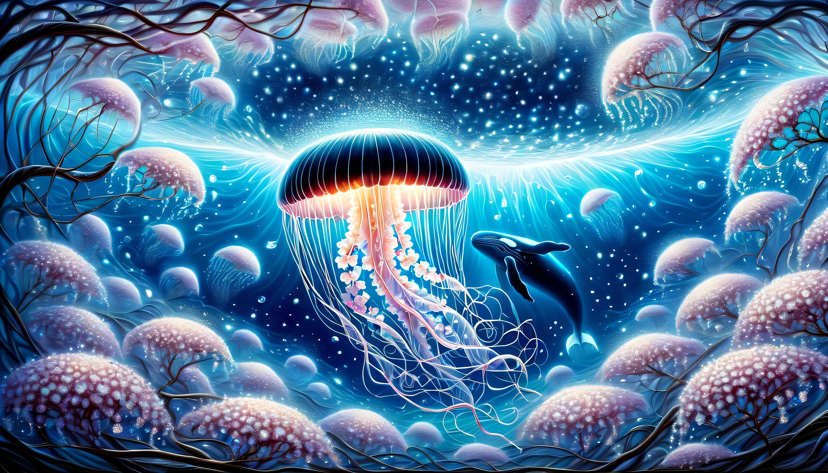 A whale is diving behind the jellyfish, In the center of the frame sits a fascinating neuron jellyfish, A blizzard of cherry blossoms dances on the transparent body, Two long, delicate tentacles extend gracefully., While seeing the shining particles, dance like a little star, The metallic texture of the jellyfish&#39;s body catches the light., Add otherworldly beauty to your scene, Vibrant and immersive oil painting imagination, Intricate details and attractive colors, high quality, 最high quality, dark tone contrast, absurd solution,