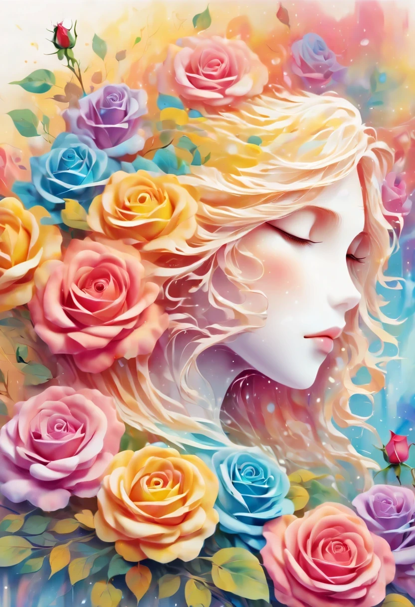 (Side face beauty,long colored hair,close eyes,masterpiece roses),Rainbow color background, (illustration:1.2,paper art:1.2, tangled:1.2, 3d rendering),(best quality, detailed details, masterpiece, official art, Lighting effects, 4k, chiaroscuro)