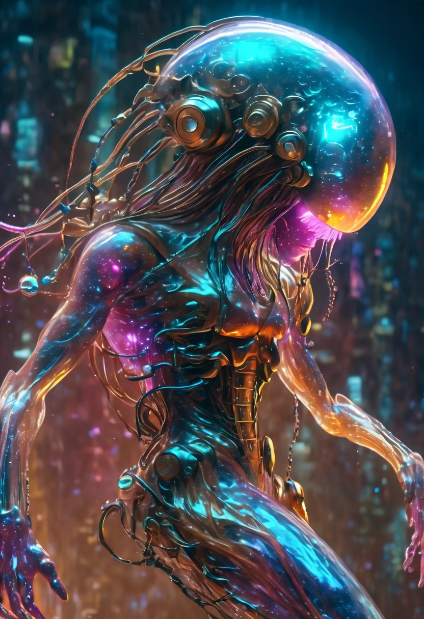 Future jellyfish warrior,Mechanical Jellyfish Warrior,Sci-fi jellyfish warrior,Surreal Jellyfish Warriors,bioMechanical style Ultra detailed illustrations, phantom magical creature, (Translucent skin: 1.5), (translucent body: 1.5) Ms. Schiff's Art, neon lights, light particles, color, cmyk color, backlight, cyberpunk, close up, Mechanical, (whole body: 1.9), dark background, Viewed from top to bottom. blend of organic and Mechanical elements, futuristic, cybernetic, detailed, complicated,Selective focus, Miniature effects, blurred background, highly detailed, Full of energy, View control,(Rich color:1.6),