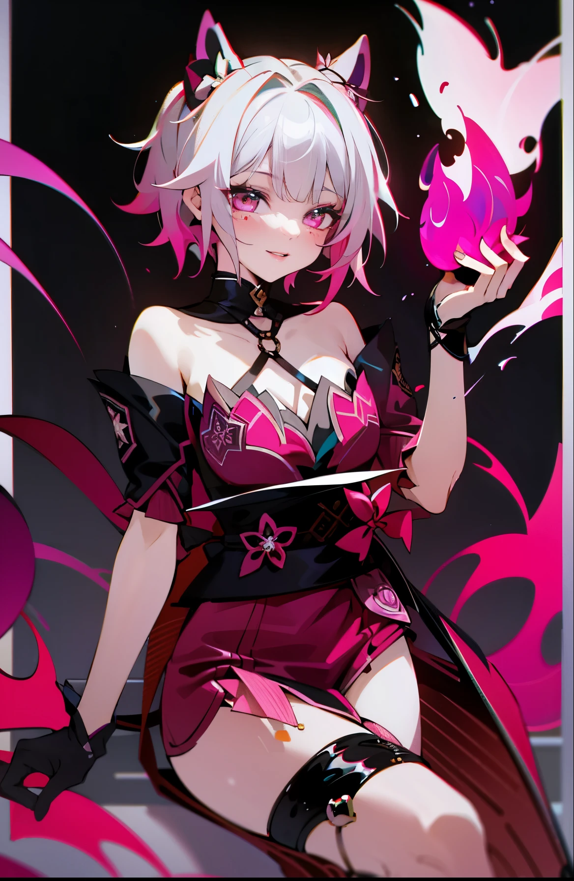 a drawing of a woman in a cat suit holding a fire purple, 1boy, black outfit, pink sekunder color, white hair, tail wolf, sparkle outfit