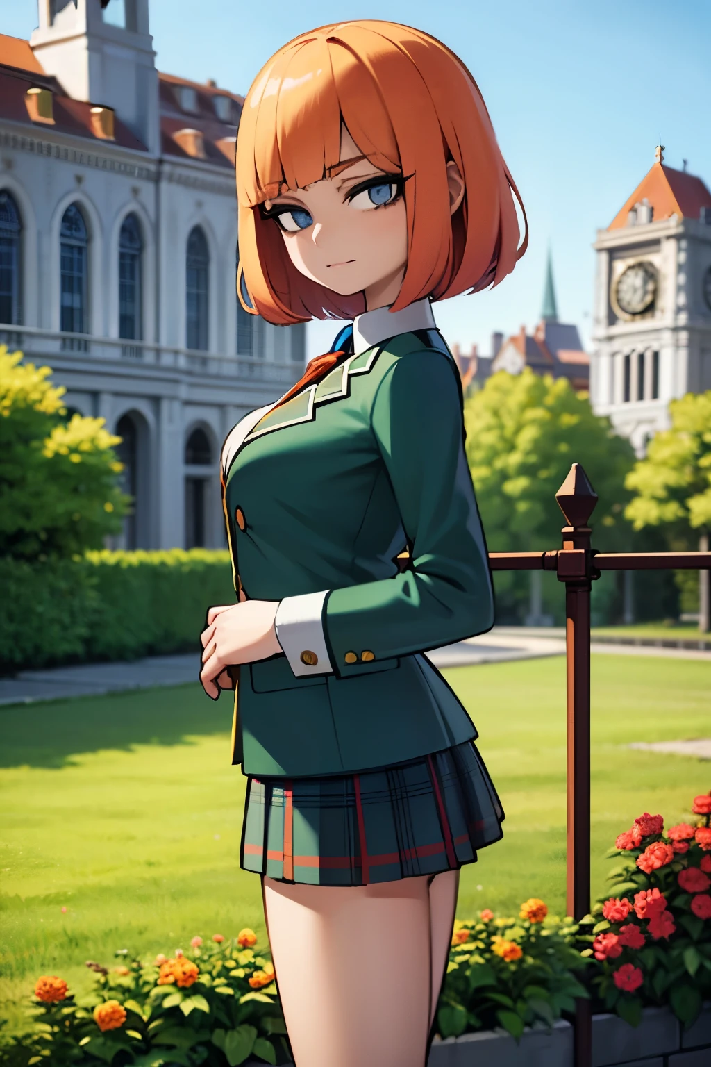 young girl, bob hair cut, blue eyes, chin-length Venetian-blonde hair, red hair, wears her green boarding school uniform, green jacket and tartan patterned blue and orange skirt., 4k, masterpiece, alyssa hamilton clock tower 3, in a garden , looking at viewer
