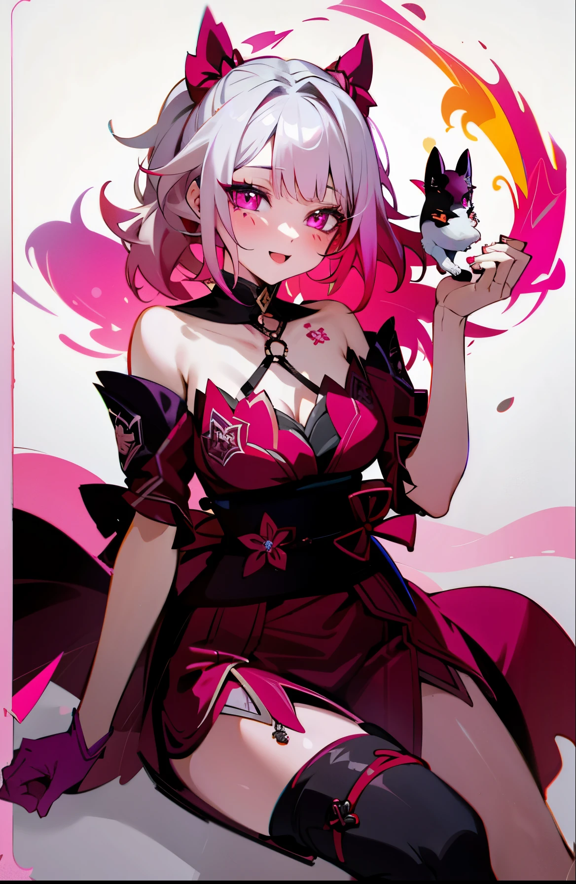 a drawing of a woman in a cat suit holding a fire purple, 1boy, black outfit, pink sekunder color, white hair, tail wolf, sparkle outfit