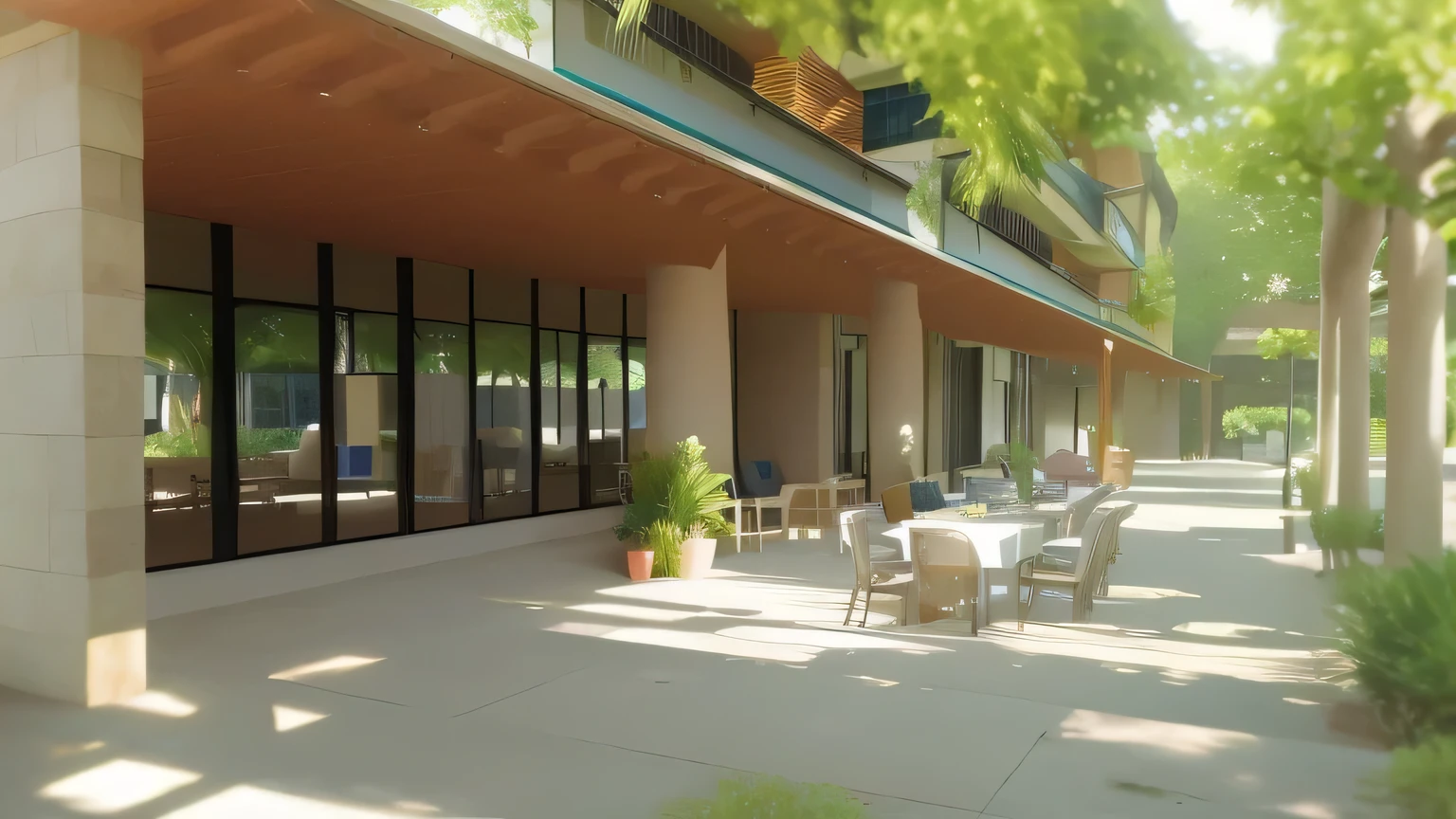 there are many chairs and tables in the shade of a tree, tropical tree, render arquitetura