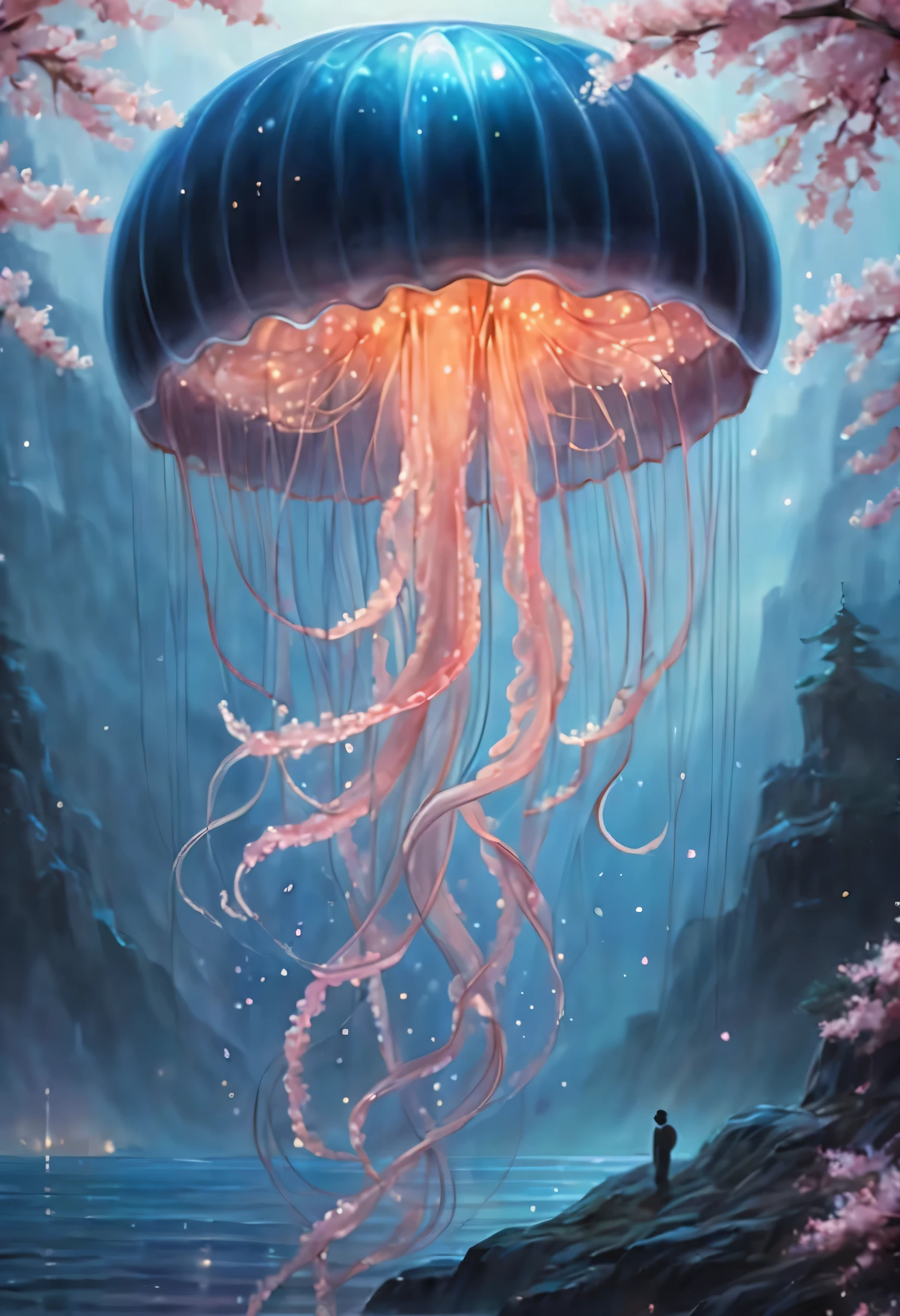 A whale is diving behind the jellyfish, In the center of the frame sits a fascinating neuron jellyfish, A blizzard of cherry blossoms dances on the transparent body, Two long, delicate tentacles extend gracefully., While seeing the shining particles, dance like a little star, The metallic texture of the jellyfish&#39;s body catches the light., Add otherworldly beauty to your scene, Vibrant and immersive oil painting imagination, Intricate details and attractive colors, high quality, 最high quality, dark tone contrast, absurd solution,