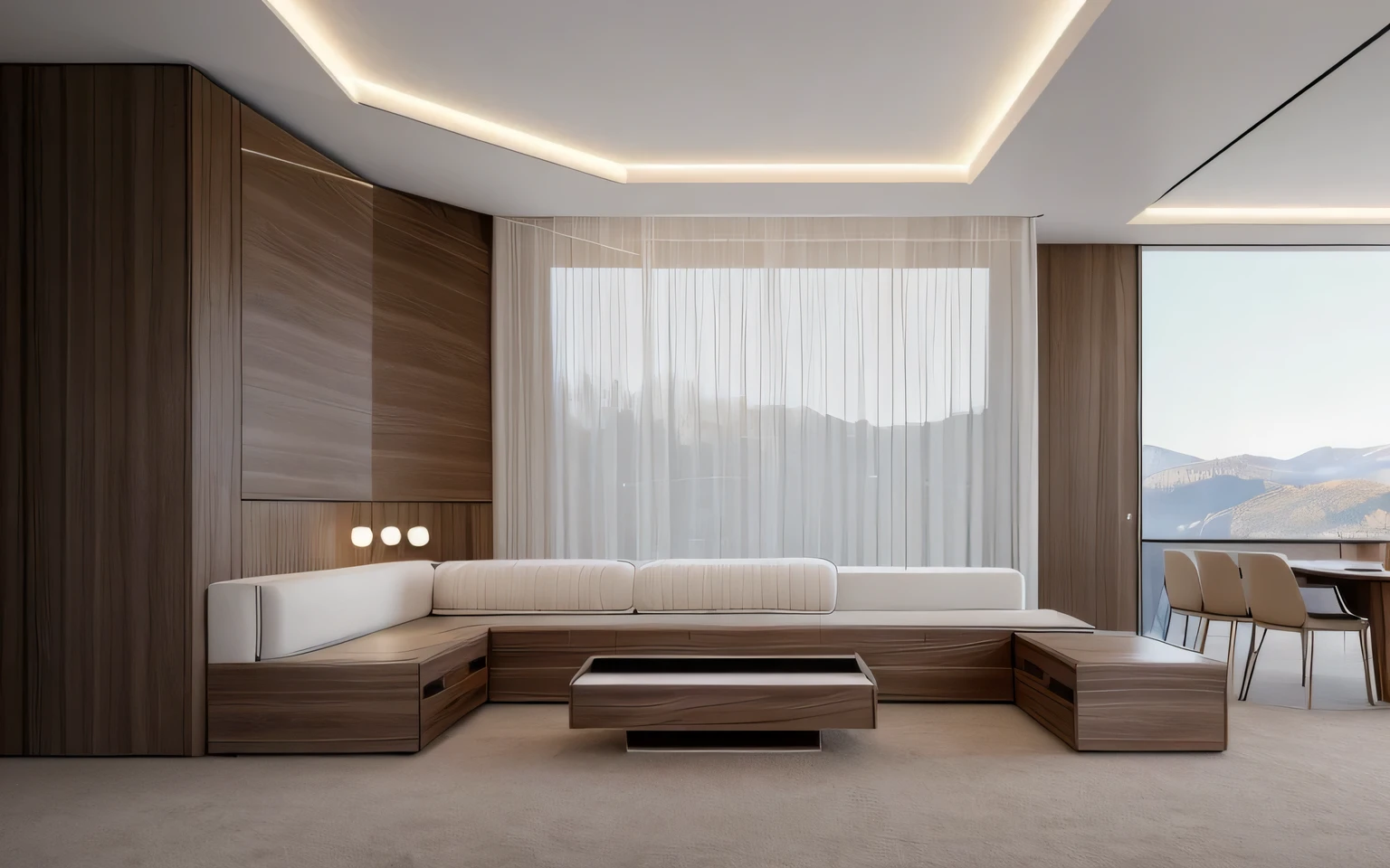 RAW photo, Masterpiece, high quality, best quality, authentic, super detailed,(( walnut furniture )), minimalist architecture, minimalist bedroom, couch, table, carpet, shelf tv, sofa, window, curtains,((laminated plaster,))), sunset light)), archdaily architecture, (high detail: 1.2), 8k uhd, dslr, soft light, high quality, film grain, Fujifilm XT3