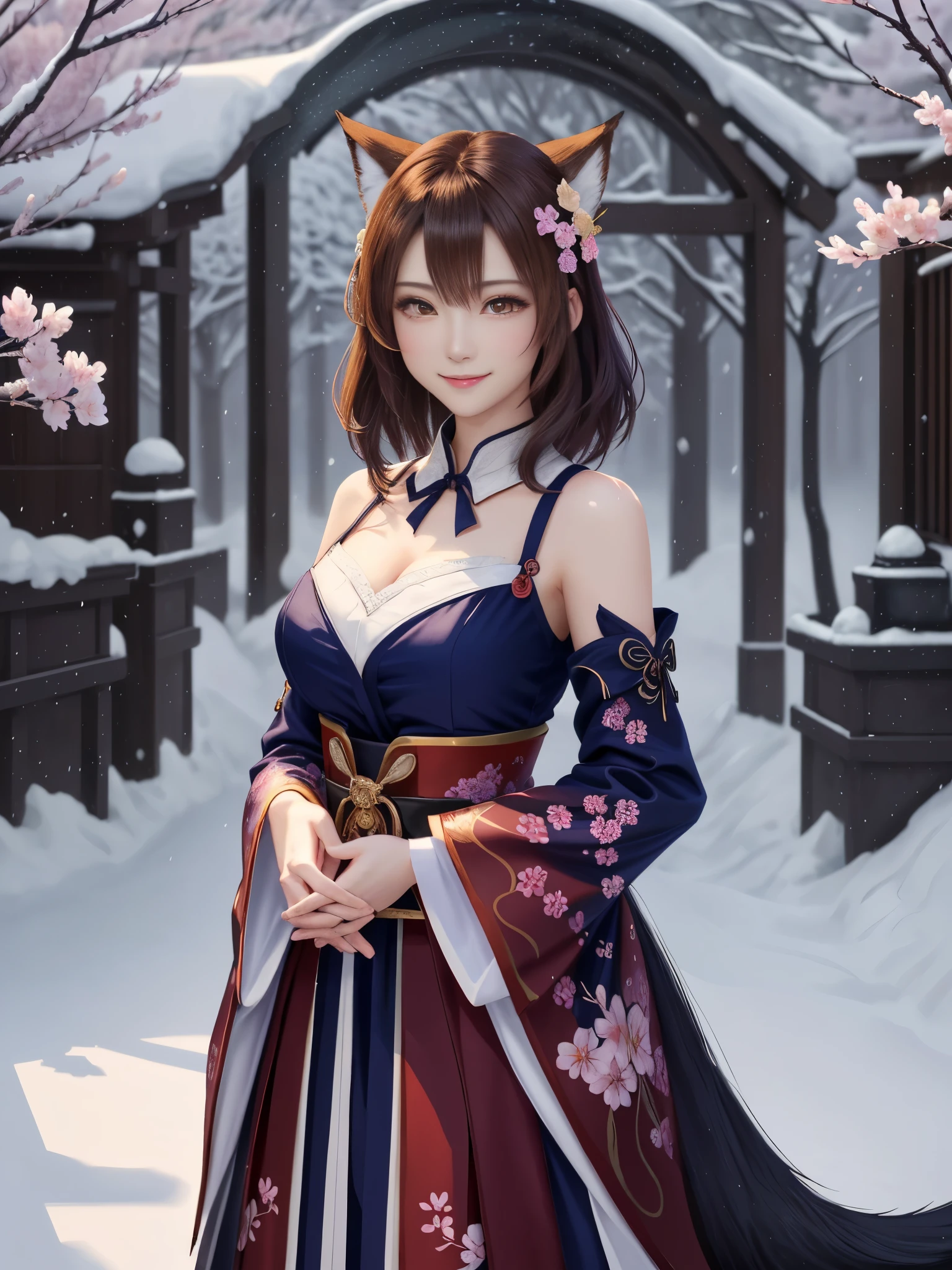masterpiece , best quality,smile,smile,small face,the whole body is facing forward,shoulder exposure,cleavage exposure,bright brown hair,slender body shape,brown eyes,sharp contrast,short hair,美しいフォルムのshort hair,just one person,precision quality,Faithfully reproduced eyes, 一面に咲くcherry blossom background,snow scene,masterpiece, 幻想的なcherry blossom background,night,nightの時間,cherry blossom background,beautiful details, colorful, delicate details, delicate lips, intricate details, genuine, ultrargenuineista, 枝に座っている色とりどりの髪のFoxを持つ女の子:Mature, bright eyes, ,色とりどりのFox, raposa de nine tails, 三尾Fox, 三尾Fox, onmyoji detail art, beautiful fine art illustration, mythical creatures, Fox, beautiful digital art,shrine maiden,hold hands,exquisite digital illustration, mizutsune, Inspired by mythical wild web creatures, pixiv in digital art, shining light, high contrast, Mysterious,