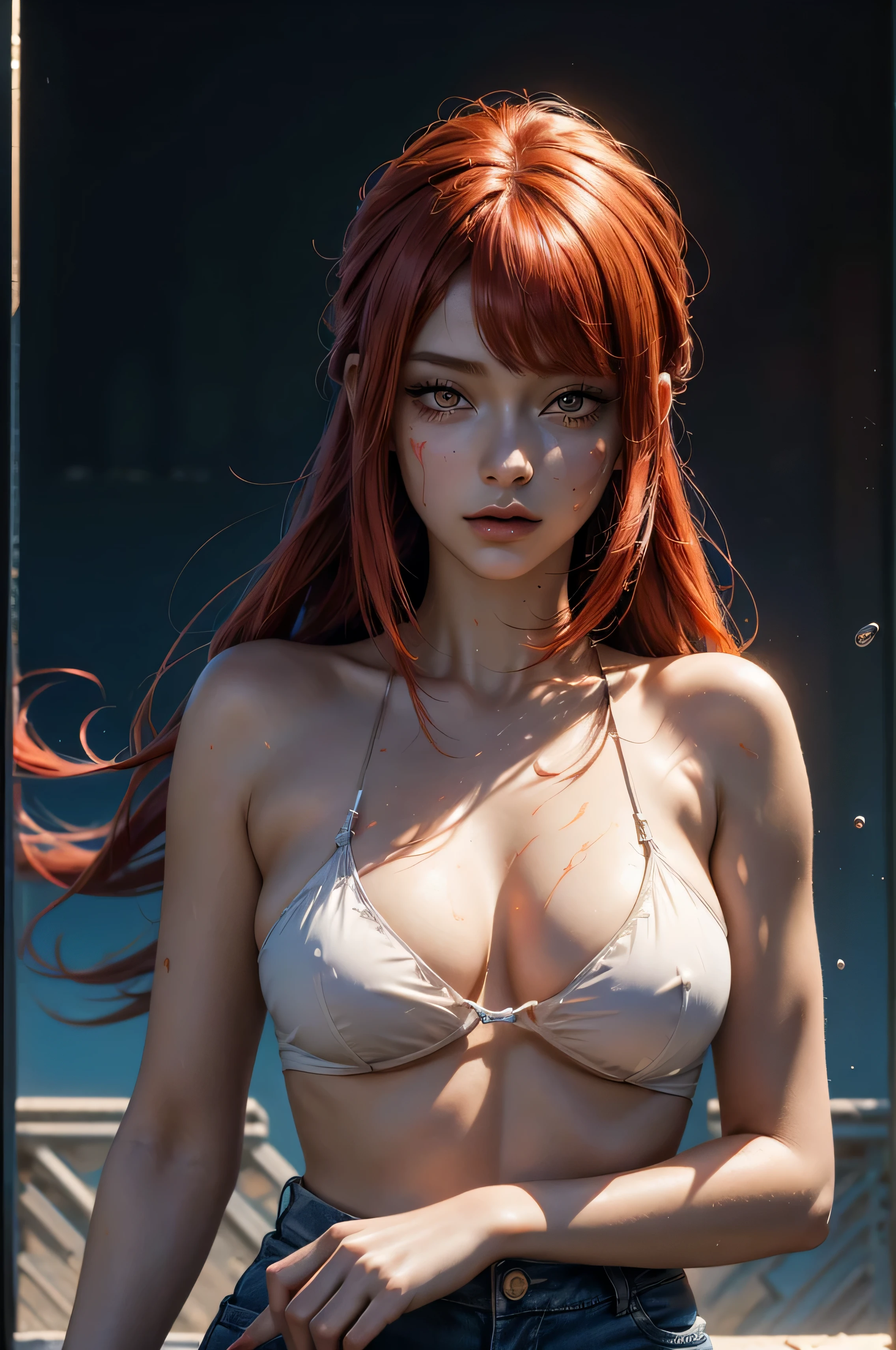 masterpiece, best quality, (extremely detailed CG unity 8k wallpaper, masterpiece, best quality, ultra-detailed, best shadow), (detailed background), (beautiful detailed face, beautiful detailed eyes), High contrast, (best illumination, an extremely delicate and beautiful),1girl,((colourful paint splashes on transparent background, dulux,)), ((caustic)), dynamic angle,beautiful detailed glow,full body, paint splash on face.  close up of a woman, anime girl with red long hair and blue jeans posing for a picture, realistic anime 3 d style, android 18, seductive anime girl, anime realism style, attractive anime girl,beautiful alluring anime woman, looking like Makima