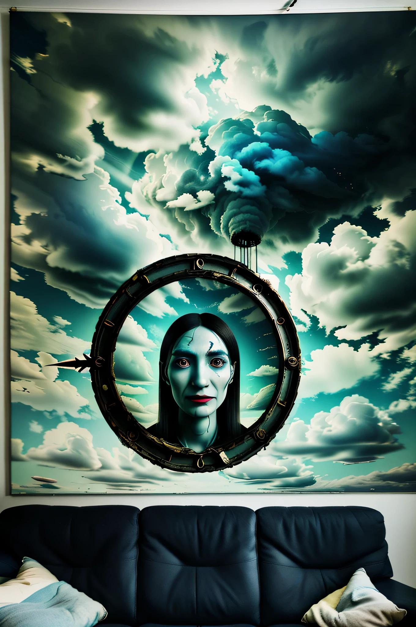 a happy head is in the apartment seated in the sofa looking around to the abandoned place with the sky and clouds penetrating inside the apartment, beautiful surreal background with objects from former times glued to the walls and floating embbeded in the image, Super-detailed, Ultra-realistic, Studio Quality, 48k / HD, High Contrast, hyper Realistic Shadows, octane Rendering, Sharp Focus