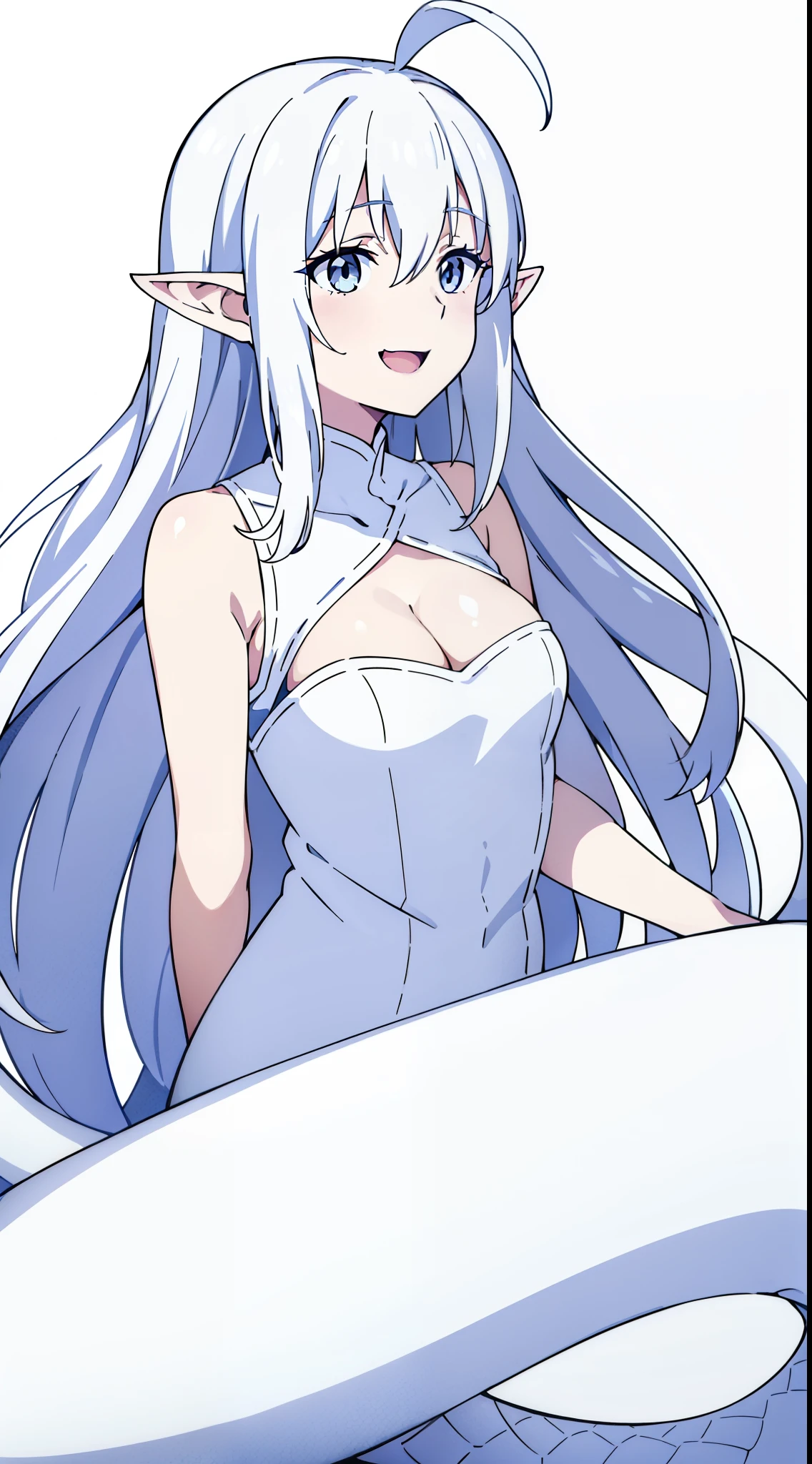 1girl,10s,smile,long hair,white hair,ahoge,lamia tail,white lamia tail,(white background),pointy ears,sleeveless,white shirt,(little cleavage),happy,smile,open mouth,portrait,profile