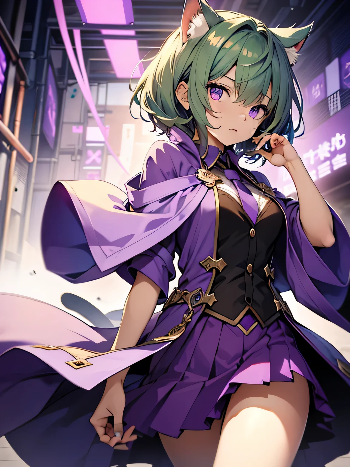 highest quality、very delicate and beautiful、(teenage girl)、purple eyes、green hair、short hair、purple tie、I、short sleeve、purple skirt、purple wizard&#39;robe of、navel cat、((Cat ear))