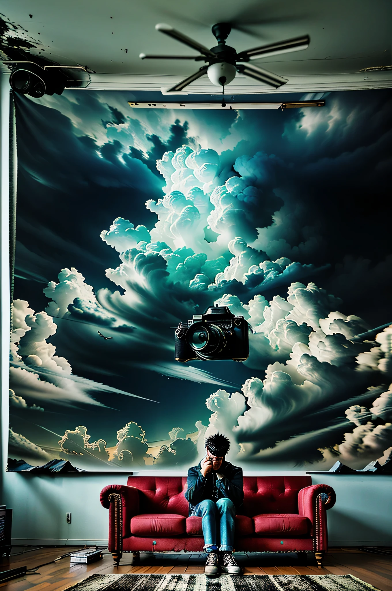 a happy head is in the apartment seated in the sofa looking around to the abandoned place with the sky and clouds penetrating inside the apartment, beautiful surreal background with objects from former times glued to the walls and floating embbeded in the image, Super-detailed, Ultra-realistic, Studio Quality, 48k / HD, High Contrast, hyper Realistic Shadows, octane Rendering, Sharp Focus