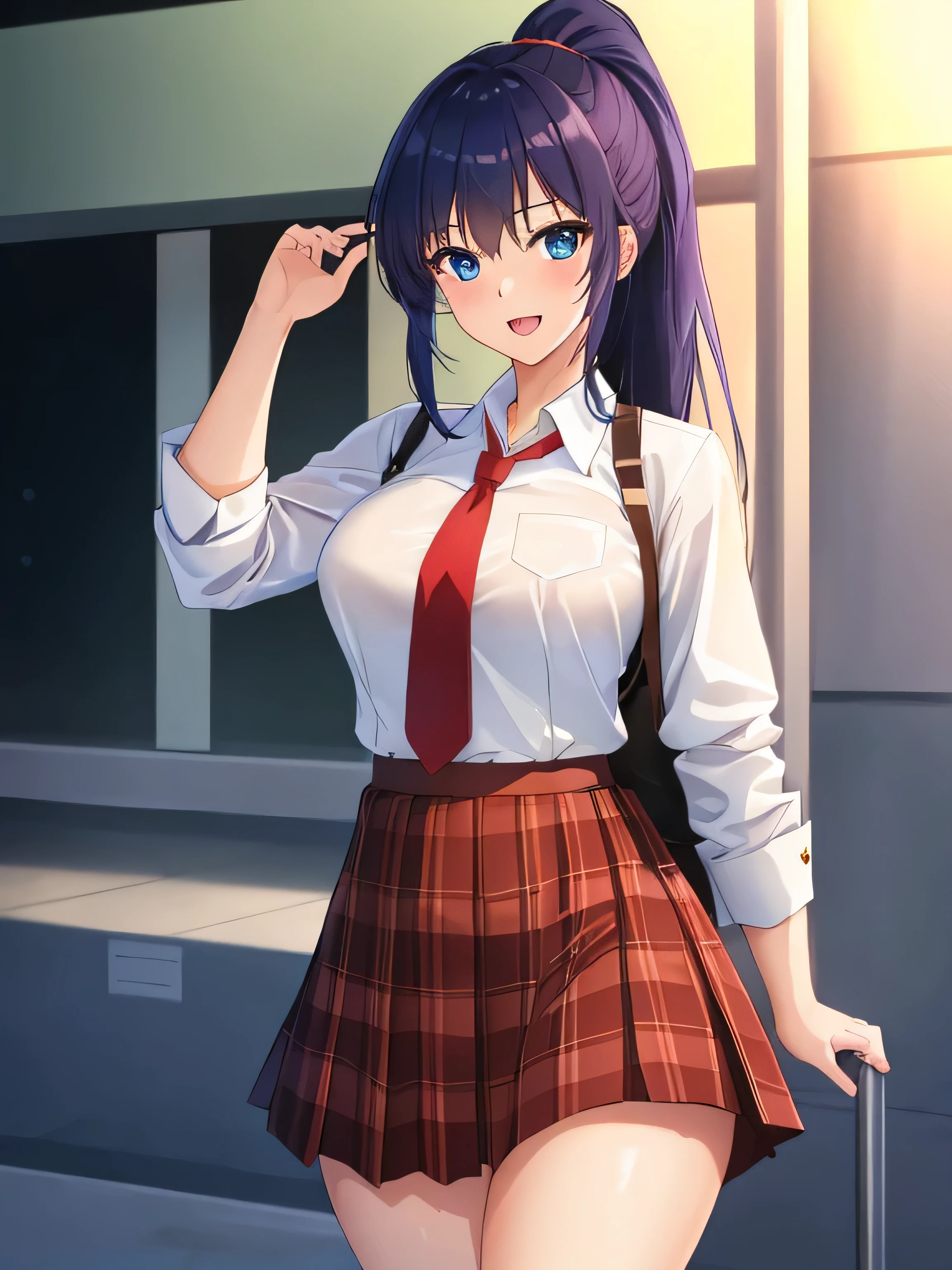 (masterpiece, 最high quality, high quality, super detailed, ultra high resolution, 8k),tall and toned body, long toned legs, alone, 1 girl, JK, high school student, dark blue hair, ponytail, blue eyes, round eyes, super detailed eyes, open your mouth, smile, beautiful curves, school uniform, red tie, white shirt. brown skirt. plaid skirt.