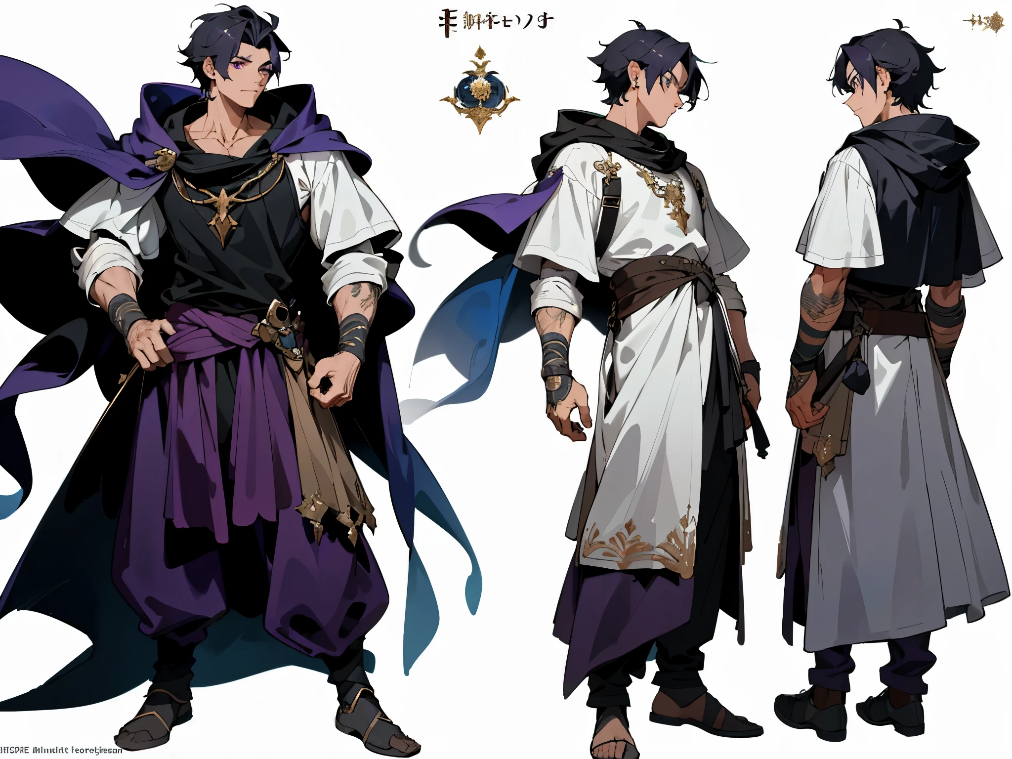 ((masterpiece)),(((best quality))),(character design sheet, same character, front, side, back), illustration, 1 man, male, fantasy urban outfit, loose fitted clothes, slightly exposed chest, lean but muscular, short sleeves, messy hair, black hair, purple eyes, jewel earrings, serious, dark urban clothing, cloak and hood, dagger,, Arabian fantasy clothing, simple clothing, (simple background, white background: 1.3)