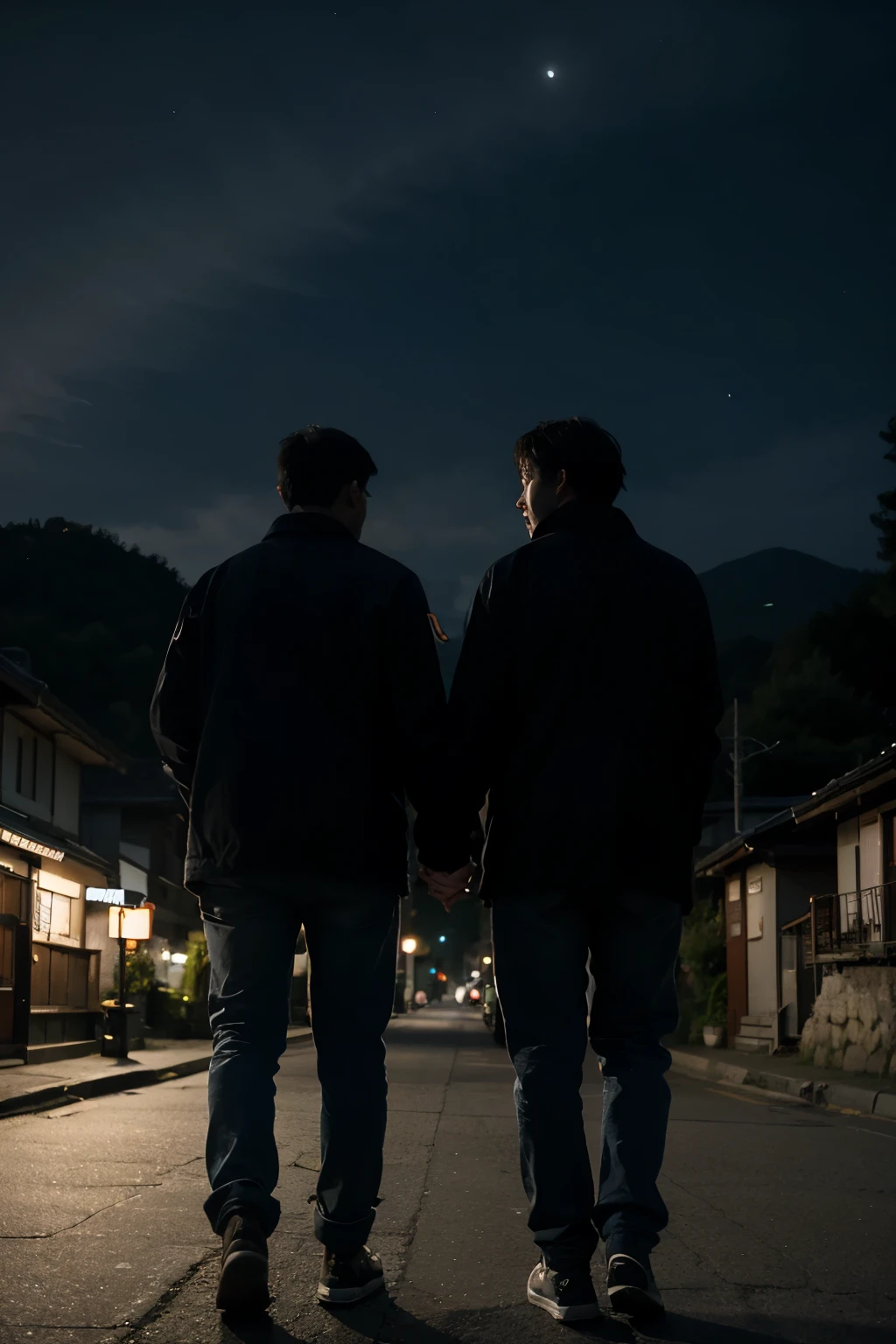 dark night，Takayama，There is a bridge in the middle，a man and a woman，hand in hand，There is a demon chasing them in the distance behind them，