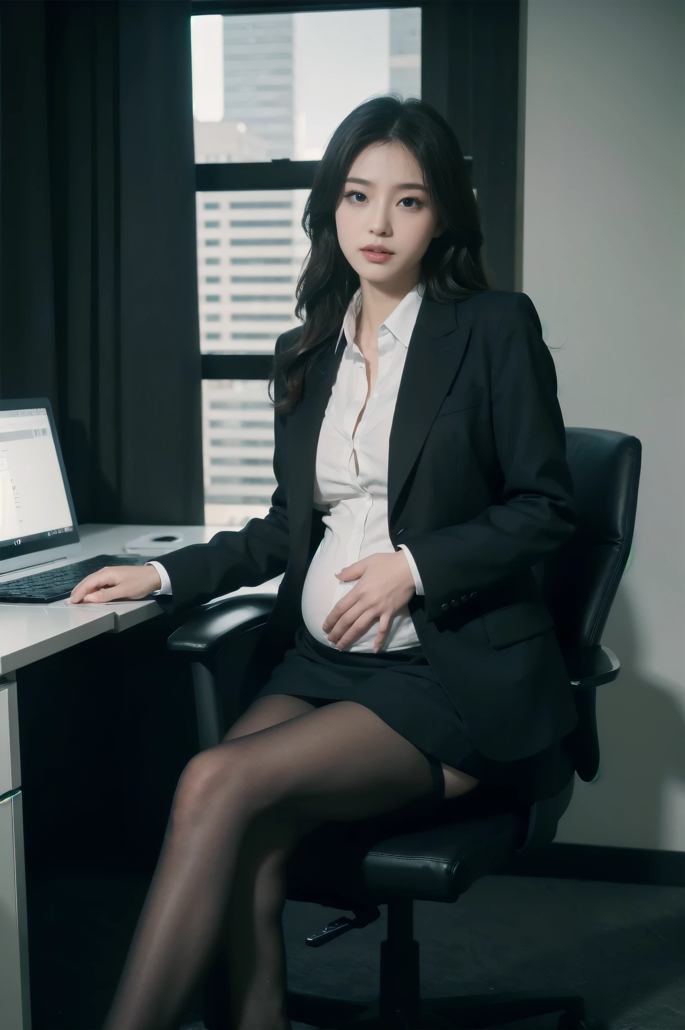 Pregnant mother, (Masterpiece), ((Best quality)), (Masterpiece,Best quality,offcial art,Extremely detailed Cg Unity 8K wallpaper), , Beauty photo, A lady,solo,Elegant upper-class elite secretary in a business shirt,Perfect look,Double eyelid eyes,Delicate makeup, working in an office,wearing a strict business suit, Wear pantyhose,Wear high-end heels,Girl in shirt, dressed in a suit, huge tit,full bodyesbian,dressed in a suit, dressed in a suit, merchant, Business clothes, wearing black suits, Wear a shirt and skirt, Woman in a suit, Business attire,Computer chair,Seated,Erlang legs,high-heels,view the viewer,brightly,Complicated details,foot focus,from below,