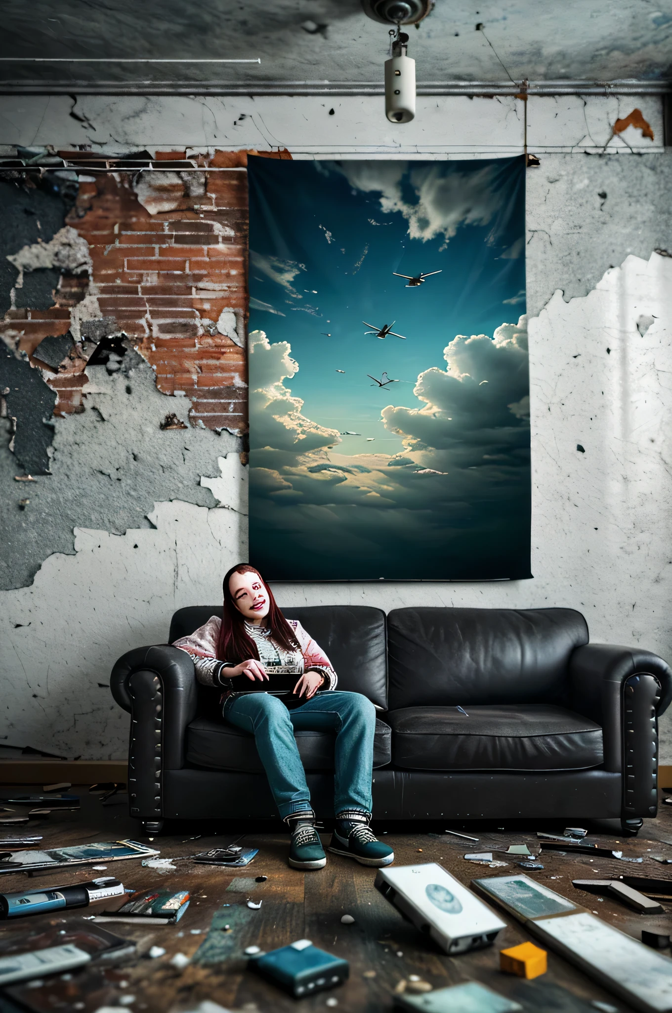a happy head is in the apartment seated in the sofa looking around to the abandoned place with the sky and clouds penetrating inside the apartment, beautiful surreal background with objects from former times glued to the walls and floating embbeded in the image, Super-detailed, Ultra-realistic, Studio Quality, 48k / HD, High Contrast, hyper Realistic Shadows, octane Rendering, Sharp Focus