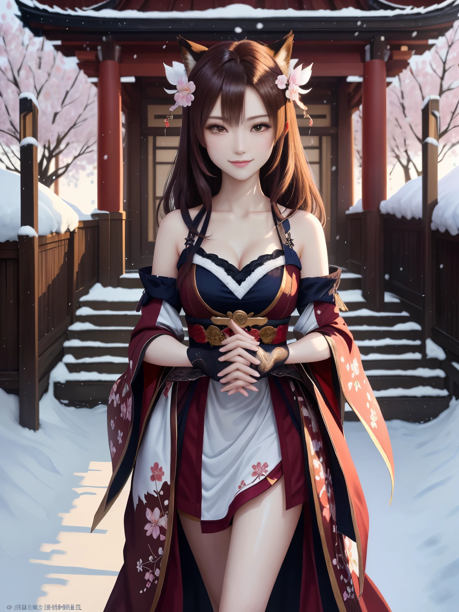 masterpiece , best quality,smile,smile,small face,the whole body is facing forward,shoulder exposure,cleavage exposure,bright brown hair,slender body shape,brown eyes,sharp contrast,short hair,美しいフォルムのshort hair,just one person,precision quality,Faithfully reproduced eyes, 一面に咲くcherry blossom background,snow scene,masterpiece, 幻想的なcherry blossom background,night,nightの背景,cherry blossom background,beautiful details, colorful, delicate details, delicate lips, intricate details, genuine, ultrargenuineista, 枝に座っている色とりどりの髪のFoxを持つ女の子:Mature, bright eyes, ,色とりどりのFox, raposa de nine tails, 三尾Fox, 三尾Fox, onmyoji detail art, beautiful fine art illustration, mythical creatures, Fox, beautiful digital art,shrine maiden,hold hands,exquisite digital illustration, mizutsune, Inspired by mythical wild web creatures, pixiv in digital art, shining light, high contrast, Mysterious,