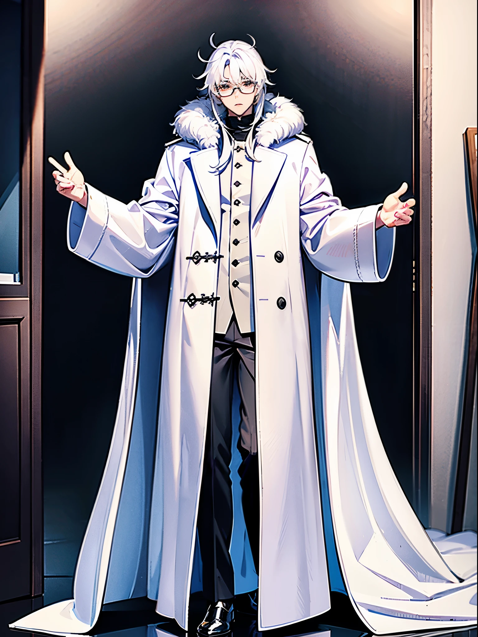 There is a man taking pictures in the mirror, long coat, he wears a big coat, ( ( wearing a long coat ) ), white fur, With white fluffy fur, long coat, wearing fur coat,Wearing a white winter coat, wearing a fur coat, Wearing an old white coat, Ruan Jia style with glasses,Cold expression,excellent work