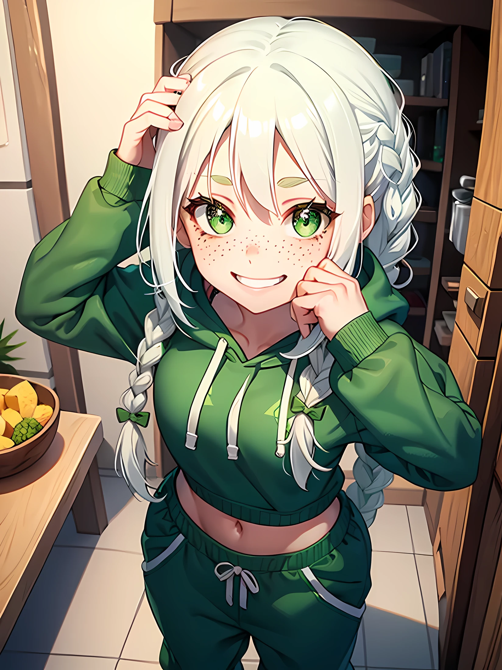 1girl, two braids white hair, green eyes, wearing green hoodie, green sweats, freckles, cute face, smile, full body