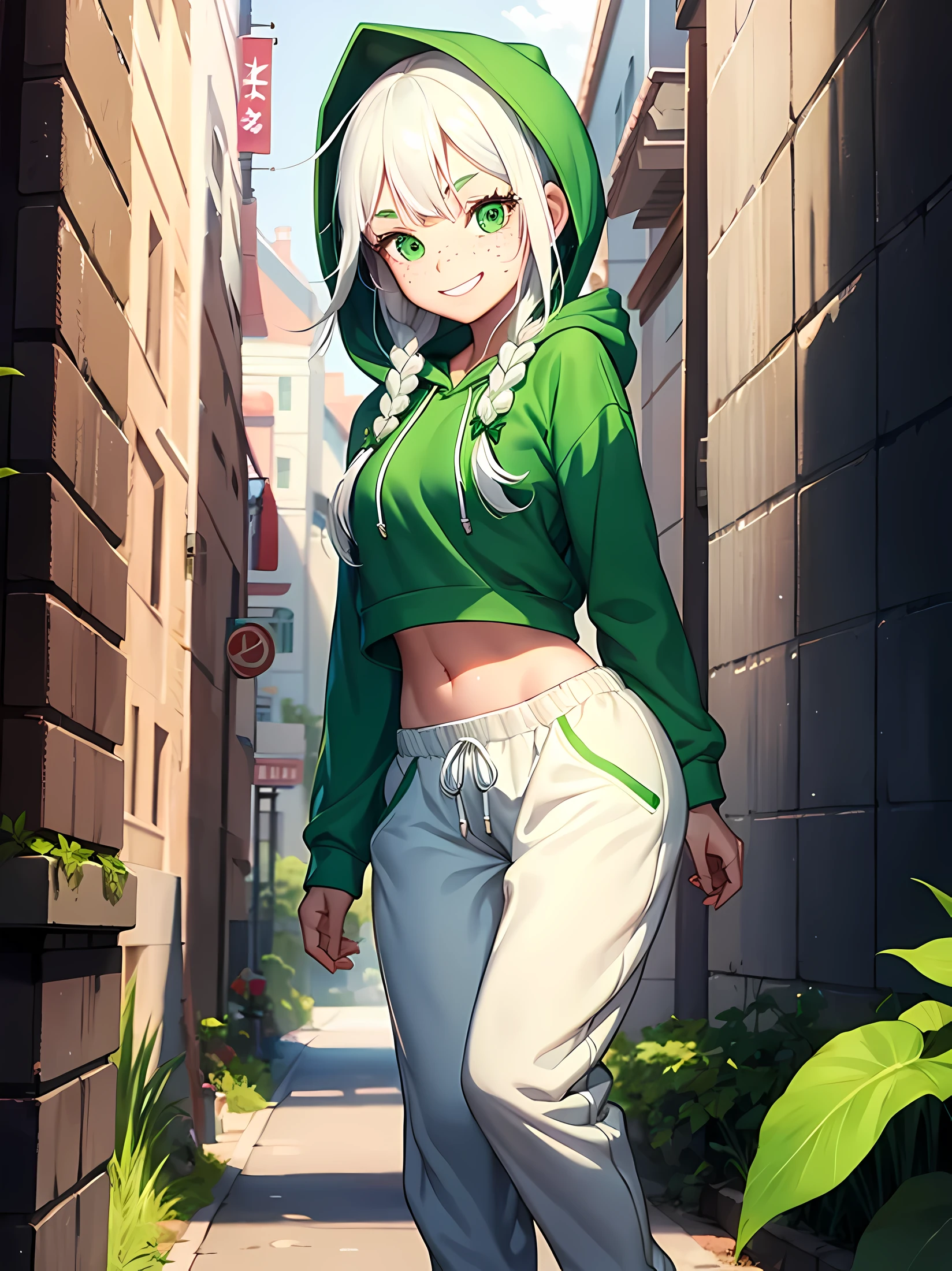 1girl, two braids white hair, green eyes, wearing green hoodie, green sweats, freckles, cute face, smile, full body