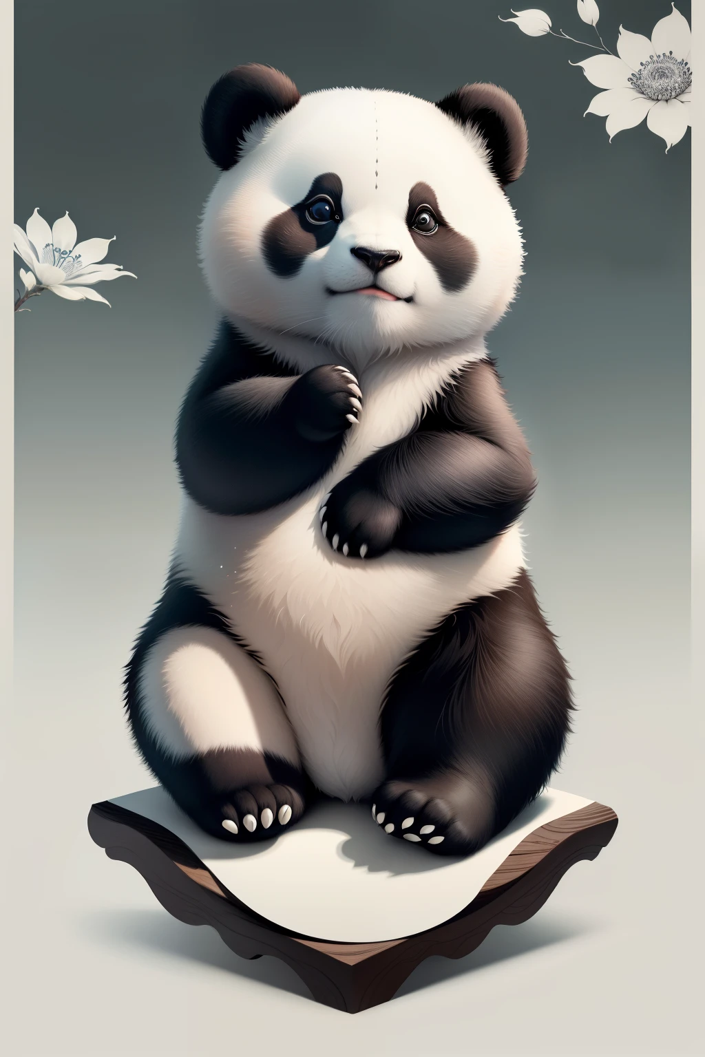 Create a captivating poster with intricate Chinese minimalist ink art featuring a panda. This serene and sophisticated design embodies the essence of tranquility and harmony. The panda, meticulously crafted with fluid ink strokes, appears thoughtfully pondering, surrounded by vibrant yet understated flora and fauna elements. The subtle use of negative space and delicate attention to detail breathes life into this exquisite and authentic work of art.