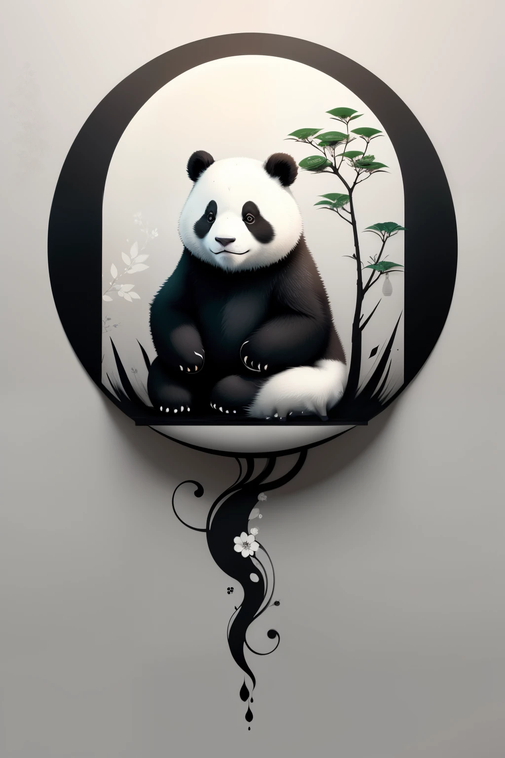 Create a captivating poster with intricate Chinese minimalist ink art featuring a panda. This serene and sophisticated design embodies the essence of tranquility and harmony. The panda, meticulously crafted with fluid ink strokes, appears thoughtfully pondering, surrounded by vibrant yet understated flora and fauna elements. The subtle use of negative space and delicate attention to detail breathes life into this exquisite and authentic work of art.