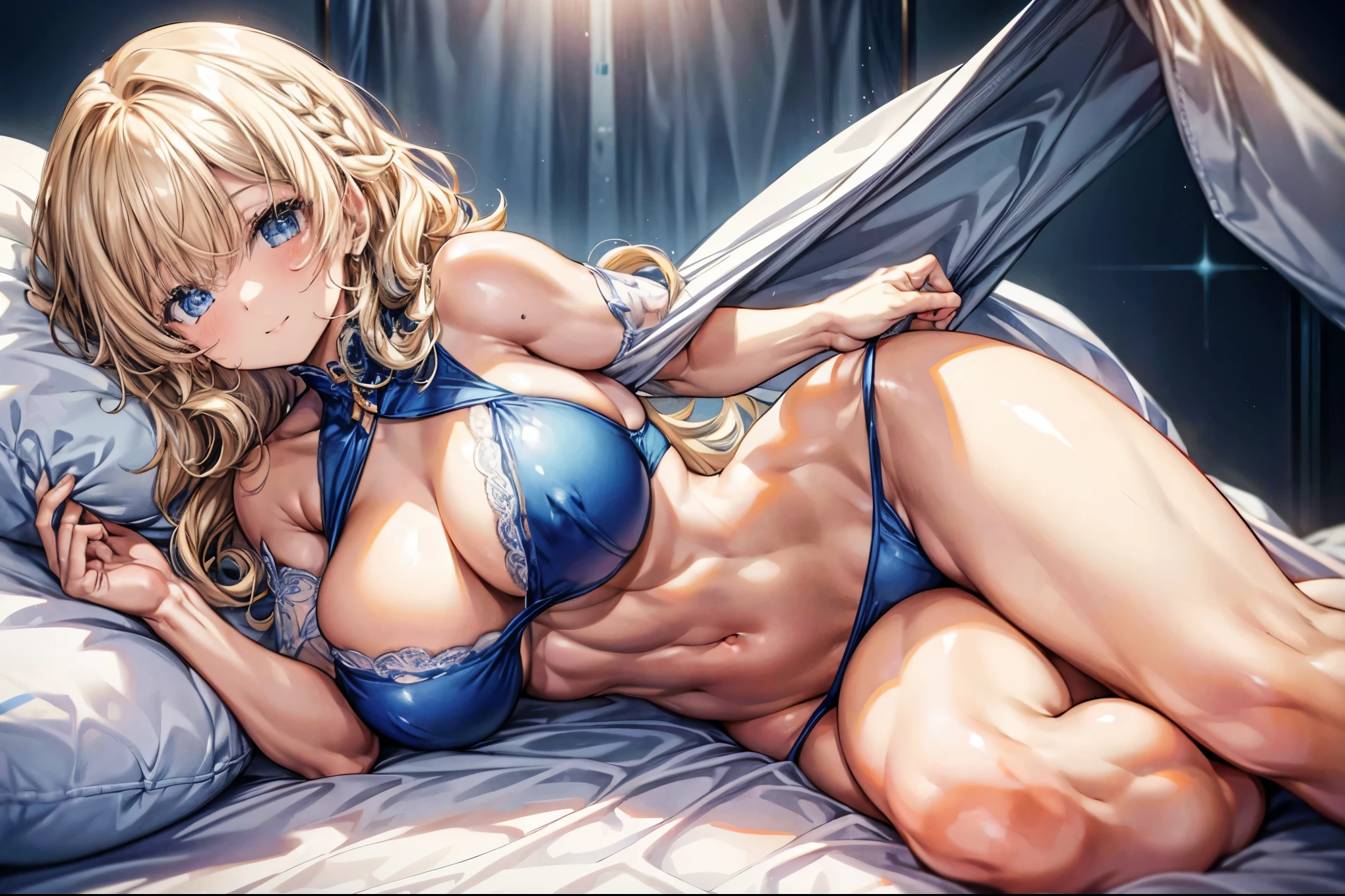 sensual, ((long blonde curly hair)), thick thighs, 8K, 4K, highest quality, High resolution:1.2), cute anime face, noise reduction, ((shining blue eyes, gentle smile, kind eyes))、toned abdominal muscles, muscular arms, muscular legs, young face, anime eyes, (((big breasts、Breasts that are about to burst)))、(((whole body)))、wearing a thong、lie down on the bed